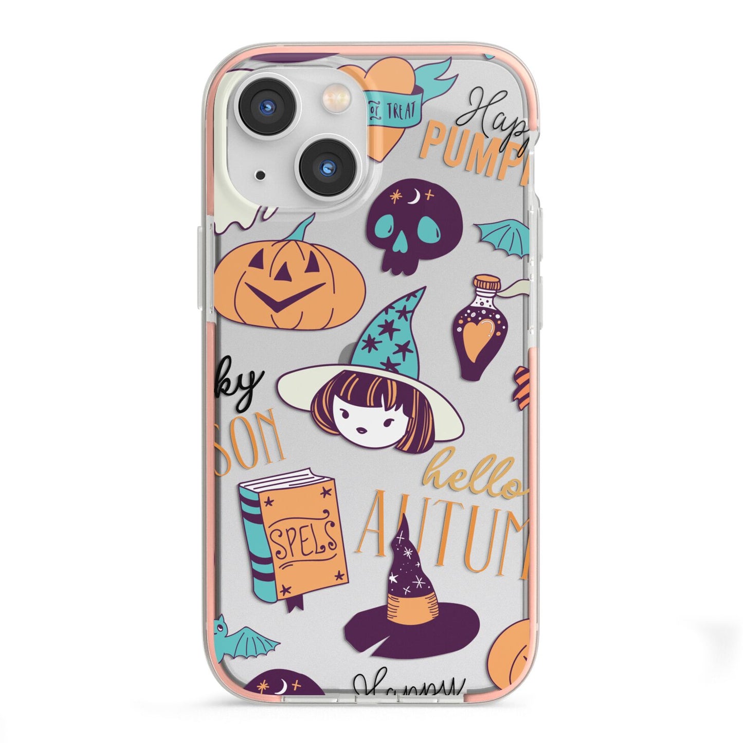 Orange and Blue Halloween Illustrations iPhone 13 Mini TPU Impact Case with Pink Edges