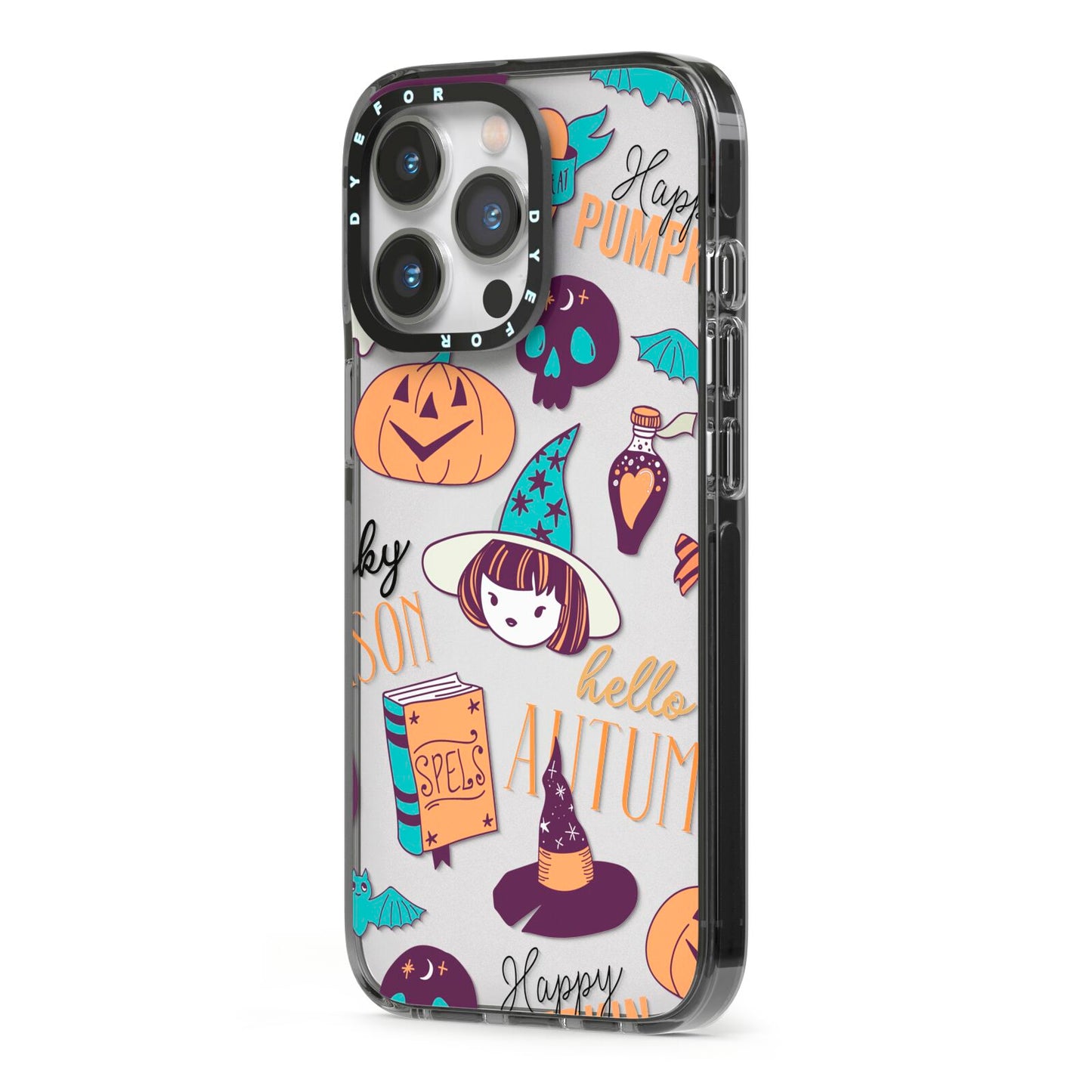 Orange and Blue Halloween Illustrations iPhone 13 Pro Black Impact Case Side Angle on Silver phone