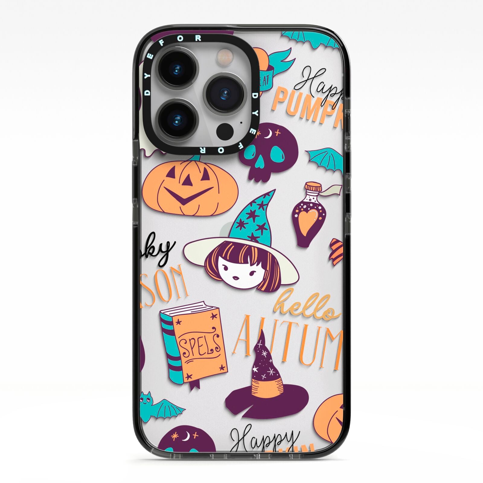 Orange and Blue Halloween Illustrations iPhone 13 Pro Black Impact Case on Silver phone