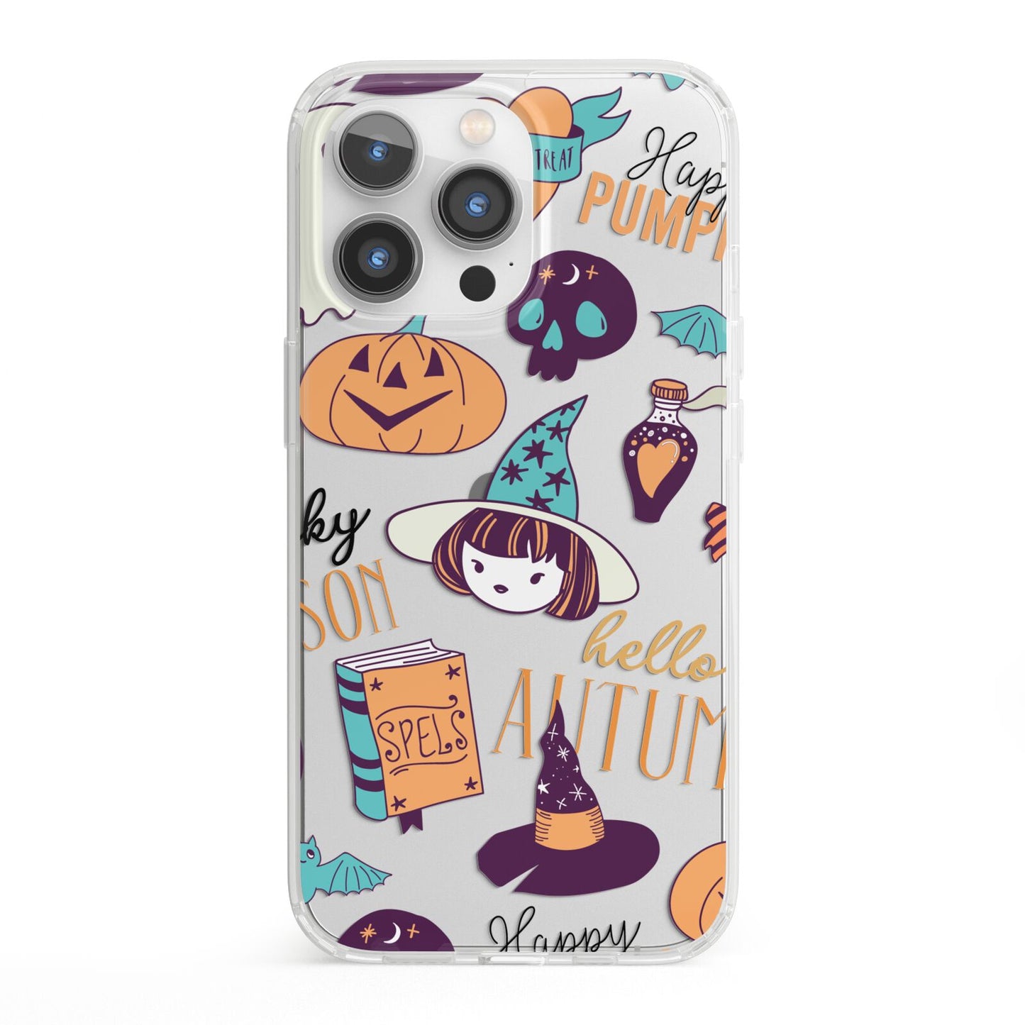 Orange and Blue Halloween Illustrations iPhone 13 Pro Clear Bumper Case