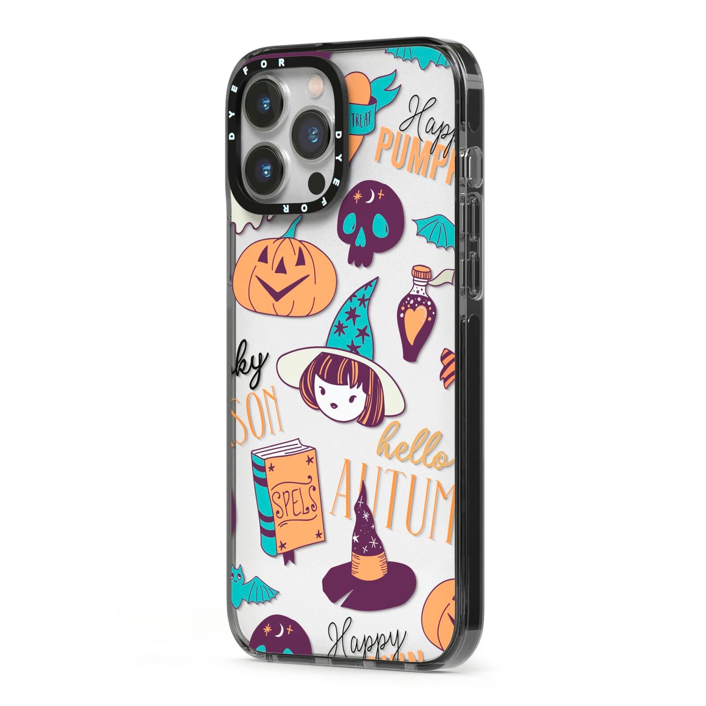 Orange and Blue Halloween Illustrations iPhone 13 Pro Max Black Impact Case Side Angle on Silver phone