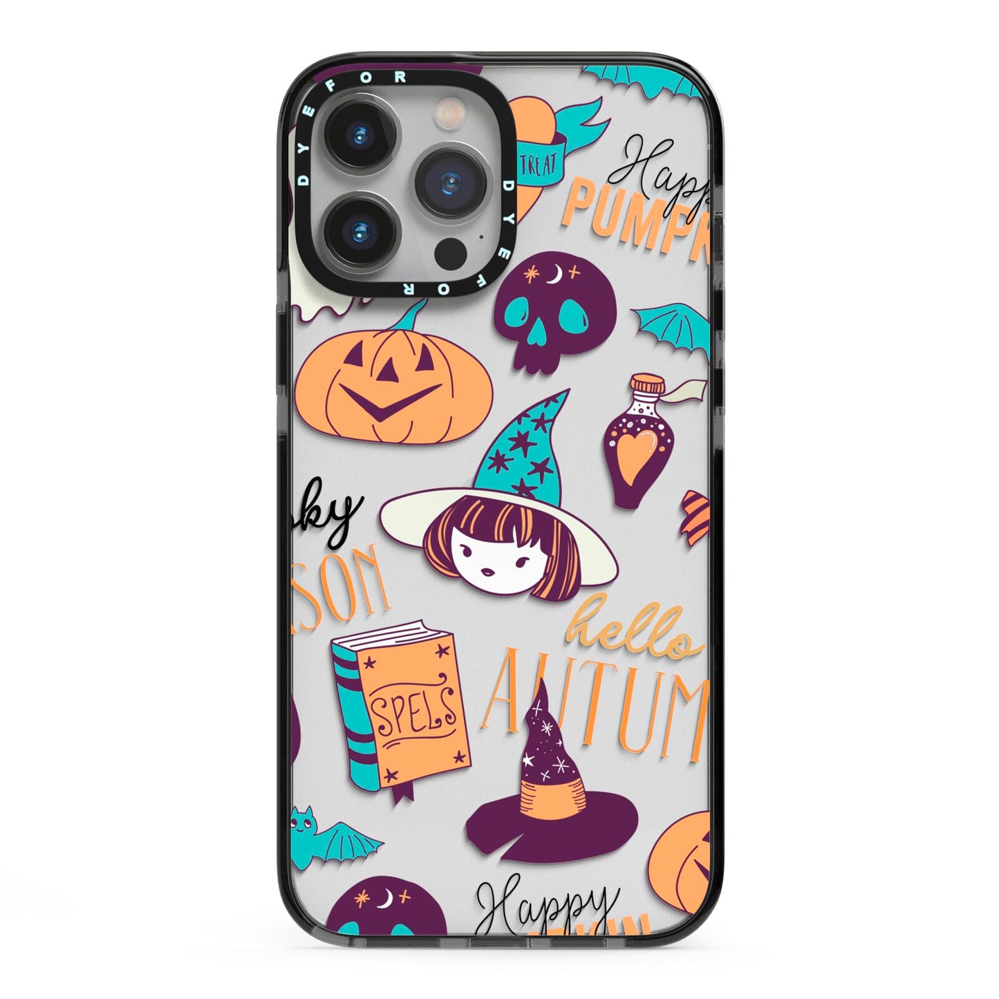 Orange and Blue Halloween Illustrations iPhone 13 Pro Max Black Impact Case on Silver phone