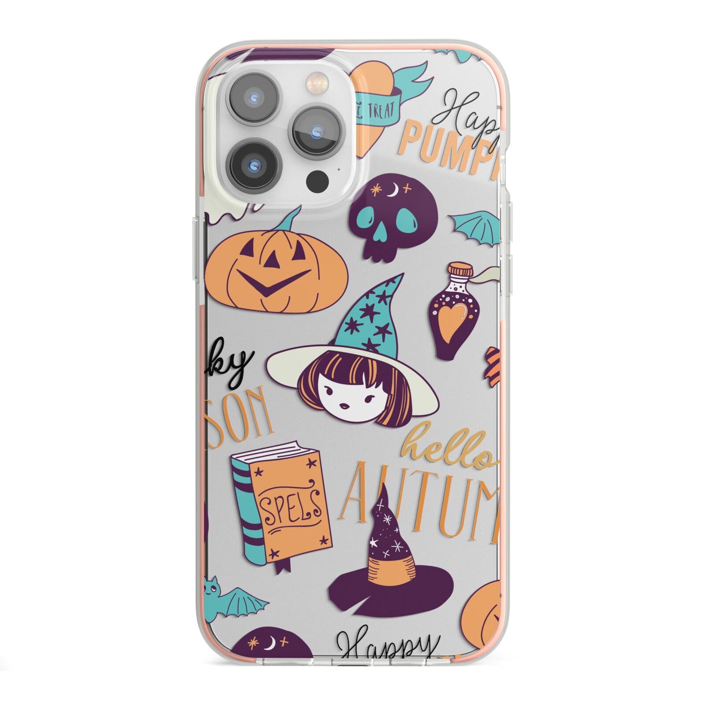 Orange and Blue Halloween Illustrations iPhone 13 Pro Max TPU Impact Case with Pink Edges