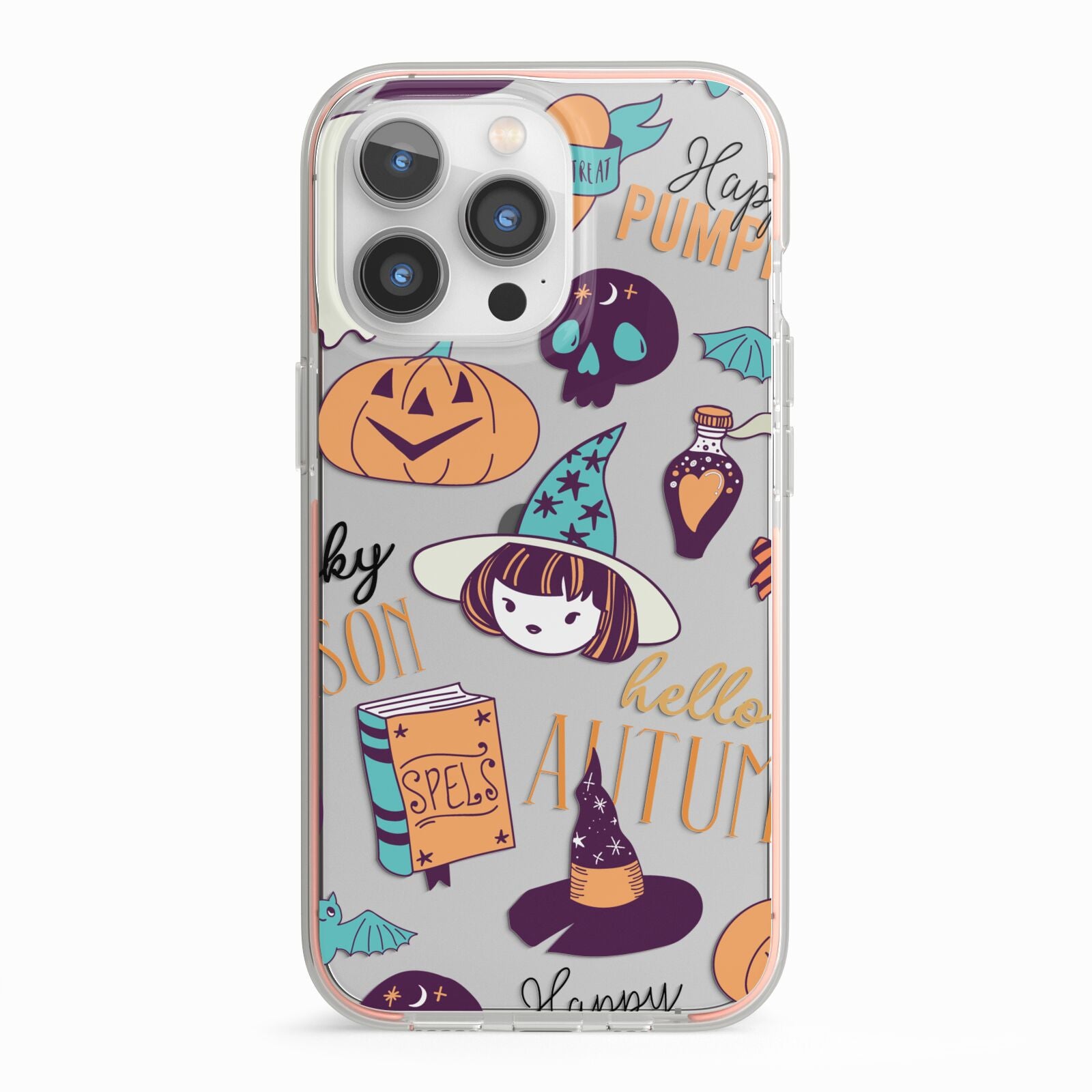 Orange and Blue Halloween Illustrations iPhone 13 Pro TPU Impact Case with Pink Edges