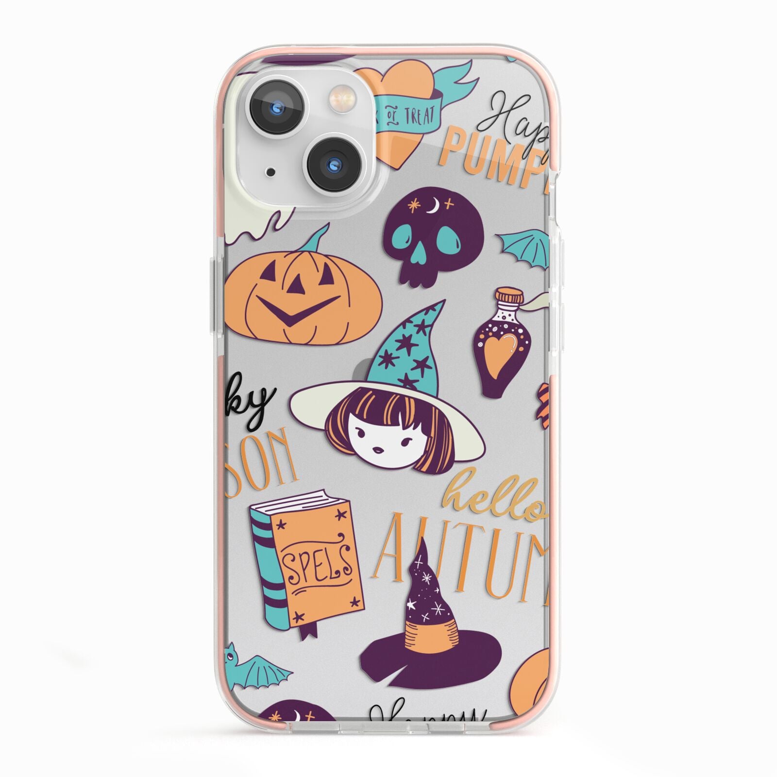 Orange and Blue Halloween Illustrations iPhone 13 TPU Impact Case with Pink Edges