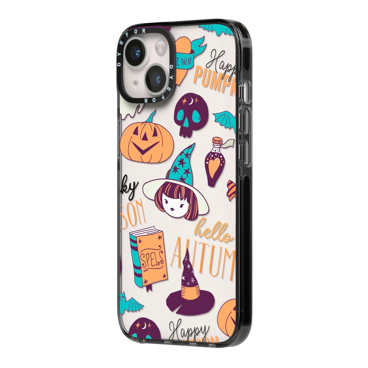 Orange and Blue Halloween Illustrations iPhone 14 Black Impact Case Side Angle on Silver phone