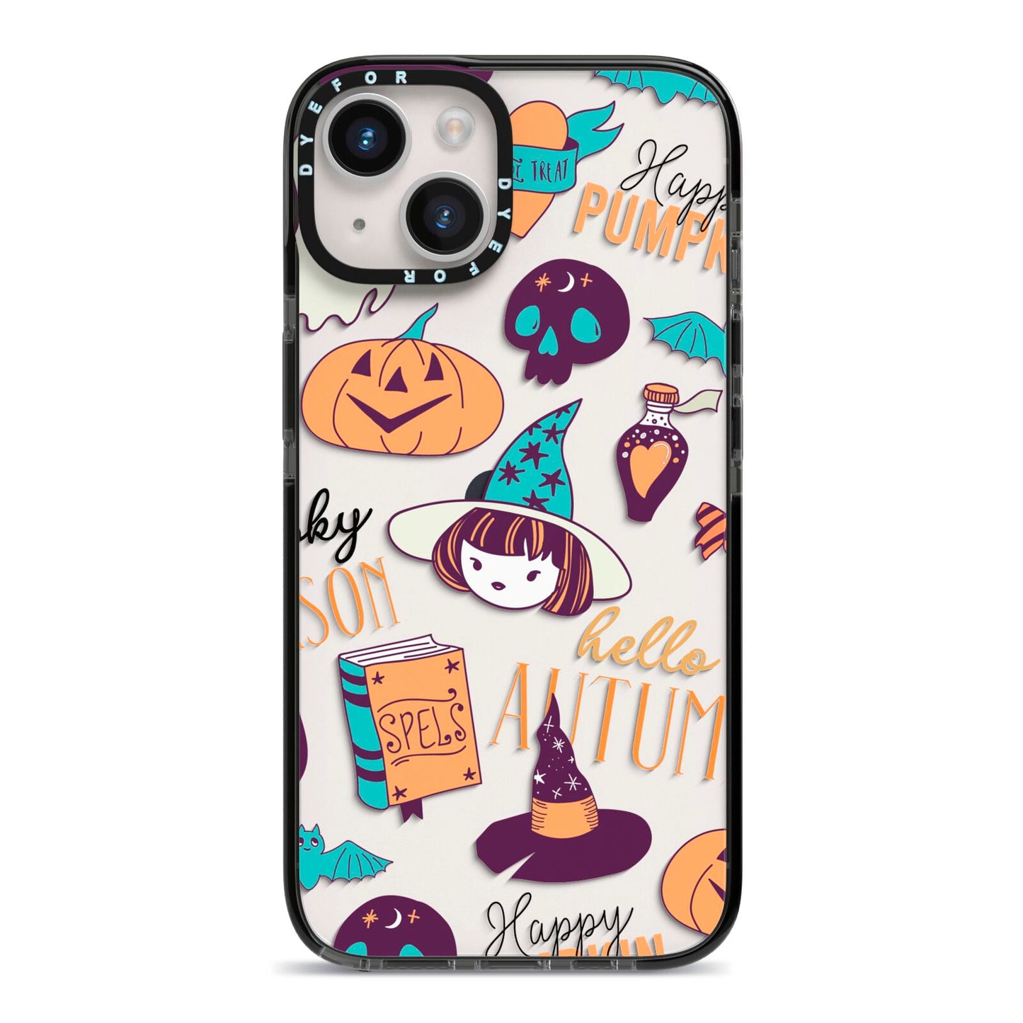 Orange and Blue Halloween Illustrations iPhone 14 Black Impact Case on Silver phone