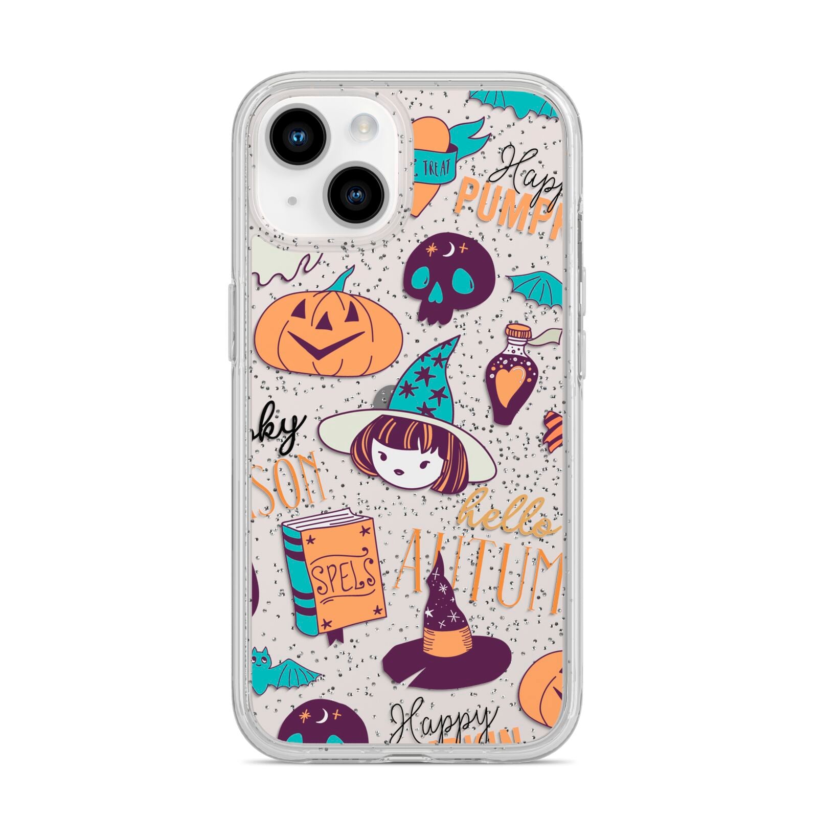 Orange and Blue Halloween Illustrations iPhone 14 Glitter Tough Case Starlight