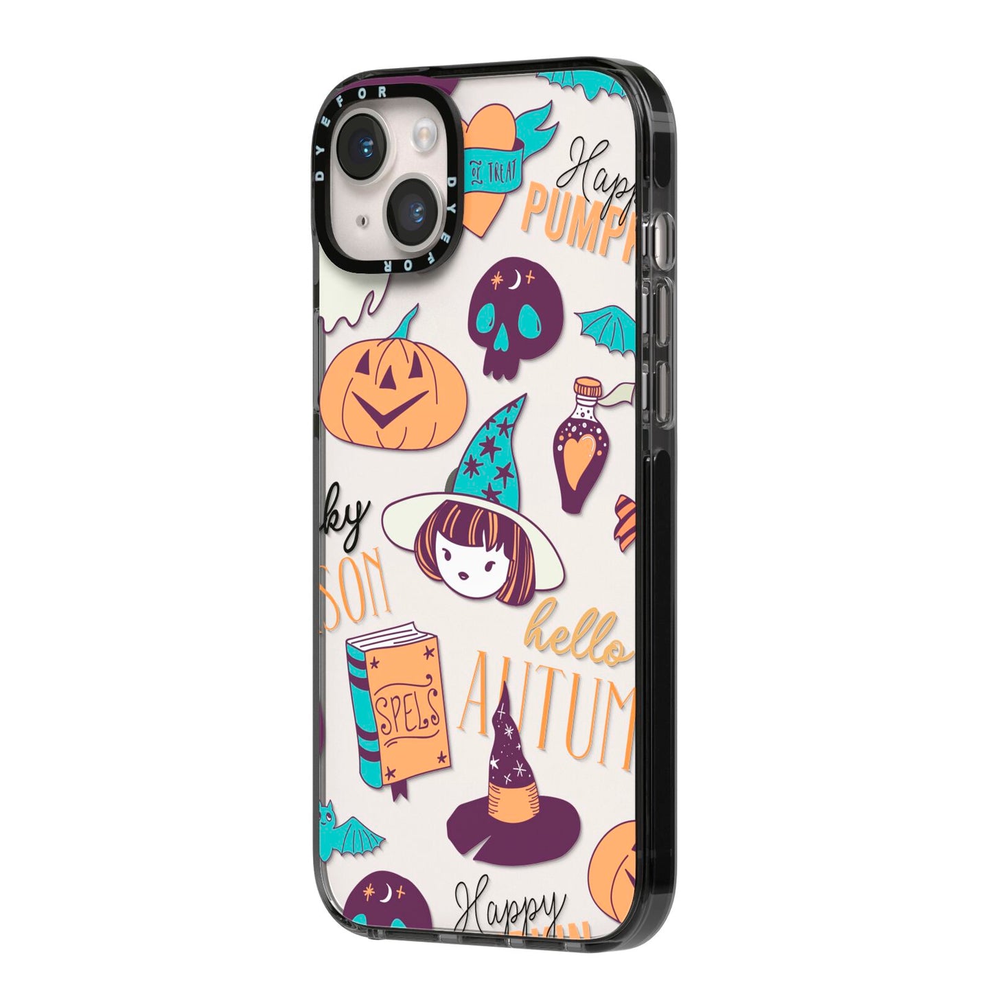 Orange and Blue Halloween Illustrations iPhone 14 Plus Black Impact Case Side Angle on Silver phone