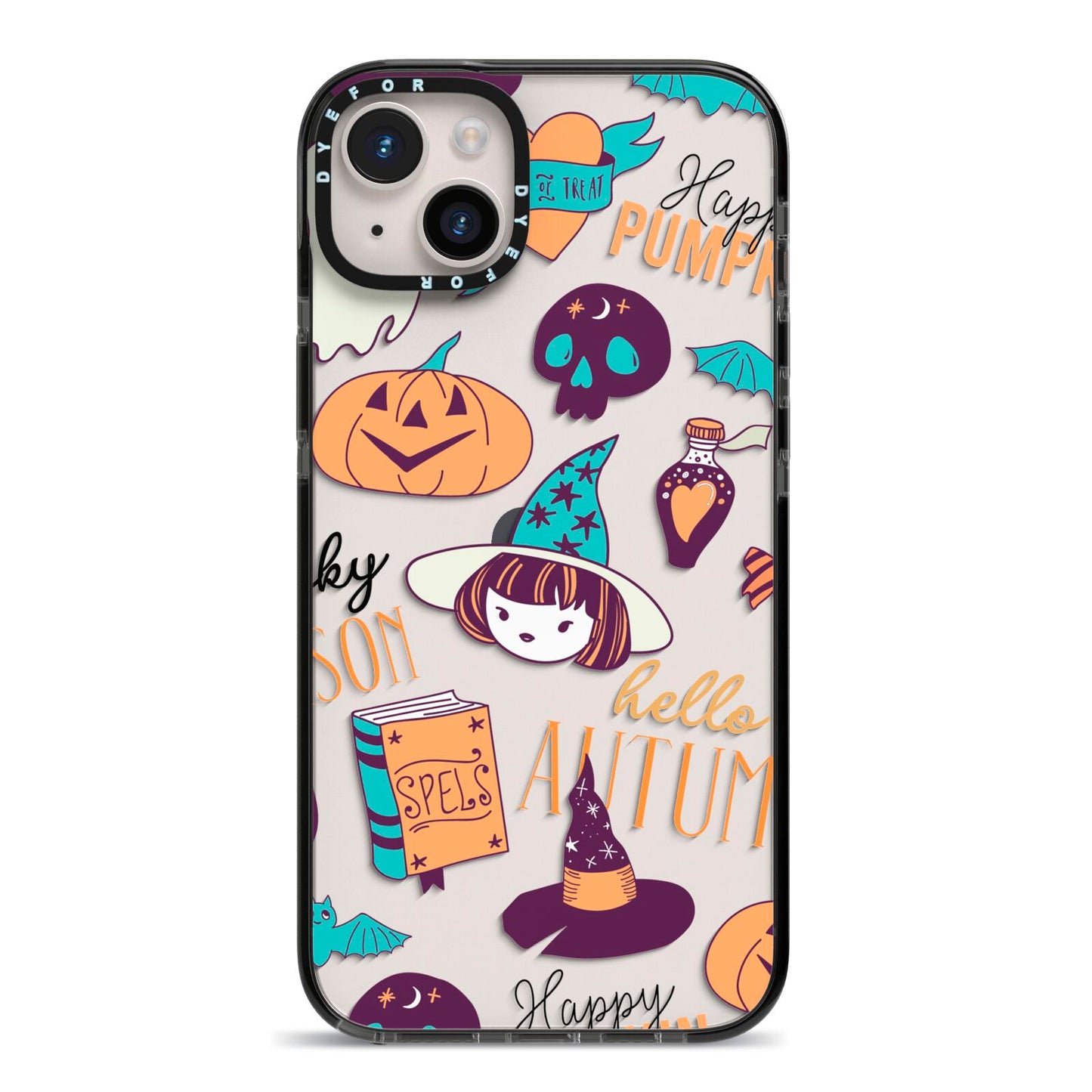 Orange and Blue Halloween Illustrations iPhone 14 Plus Black Impact Case on Silver phone