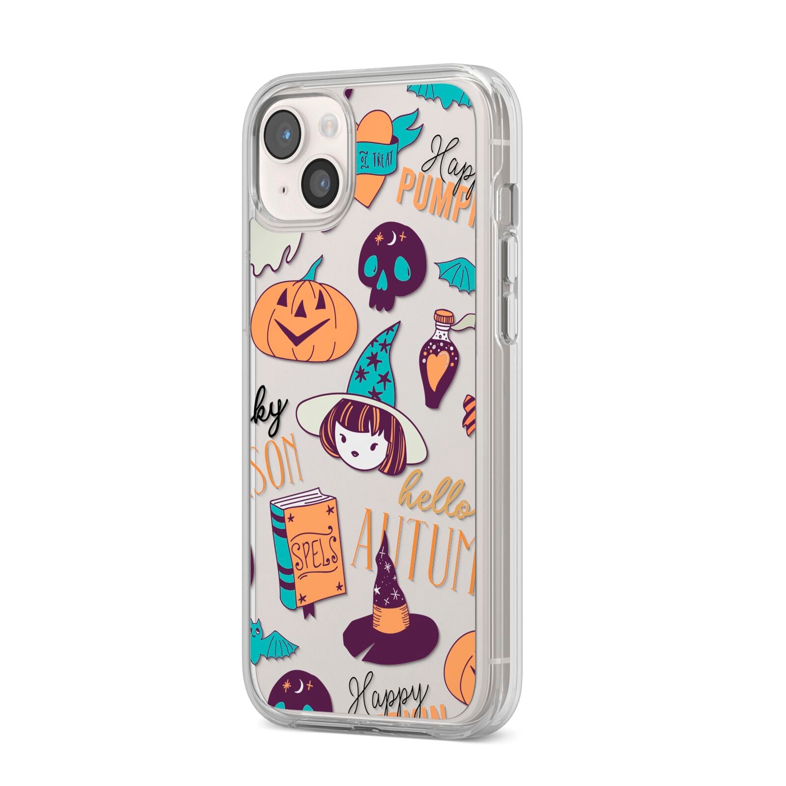 Orange and Blue Halloween Illustrations iPhone 14 Plus Clear Tough Case Starlight Angled Image