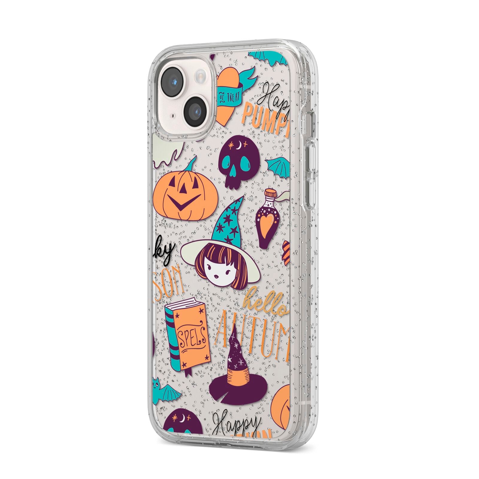 Orange and Blue Halloween Illustrations iPhone 14 Plus Glitter Tough Case Starlight Angled Image