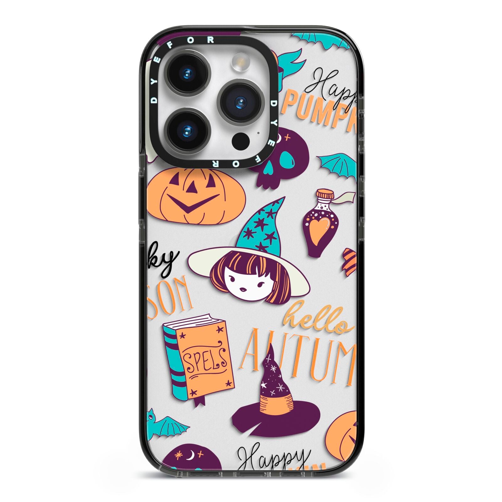 Orange and Blue Halloween Illustrations iPhone 14 Pro Black Impact Case on Silver phone