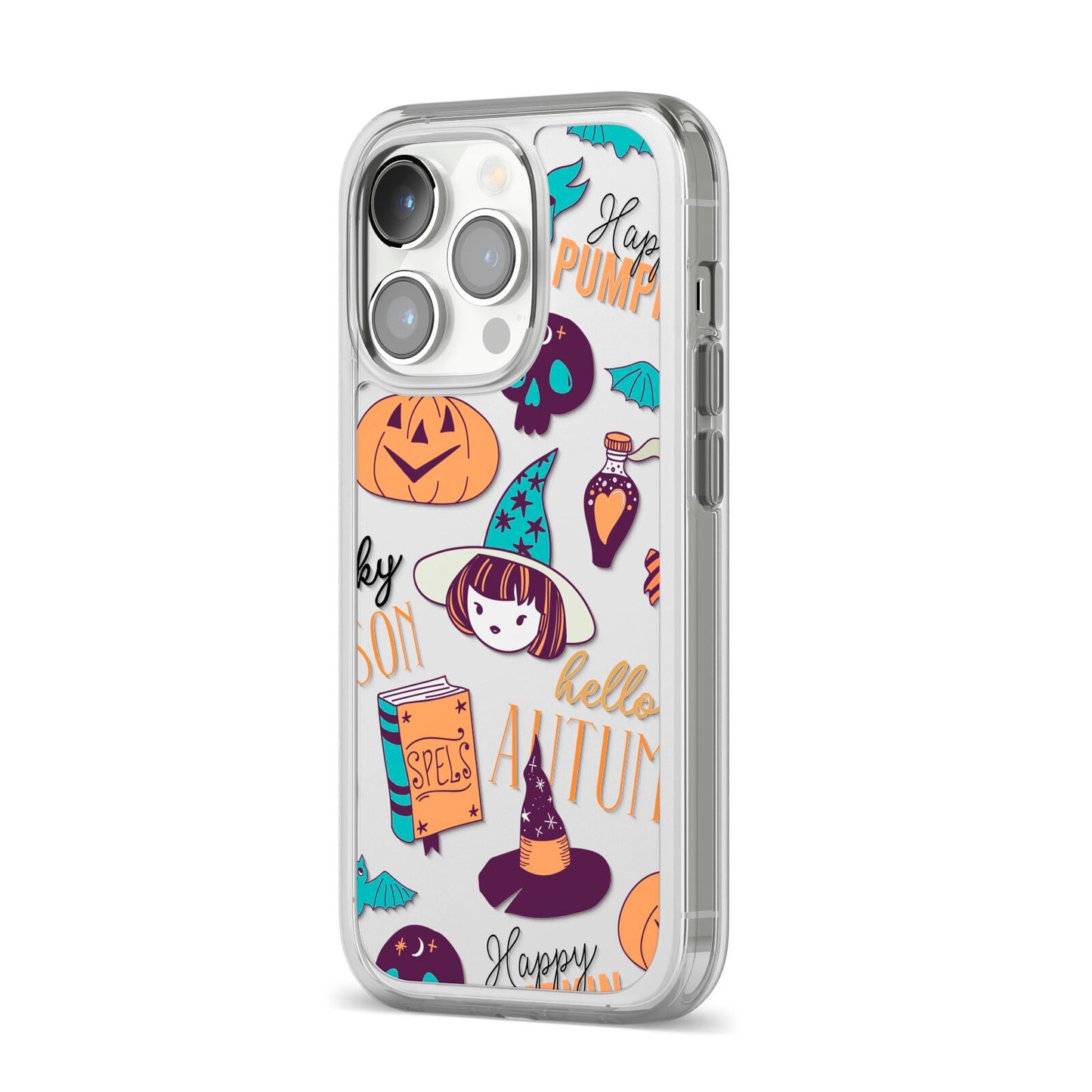 Orange and Blue Halloween Illustrations iPhone 14 Pro Clear Tough Case Silver Angled Image