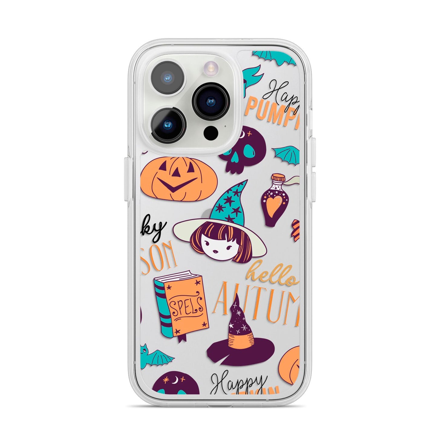 Orange and Blue Halloween Illustrations iPhone 14 Pro Clear Tough Case Silver