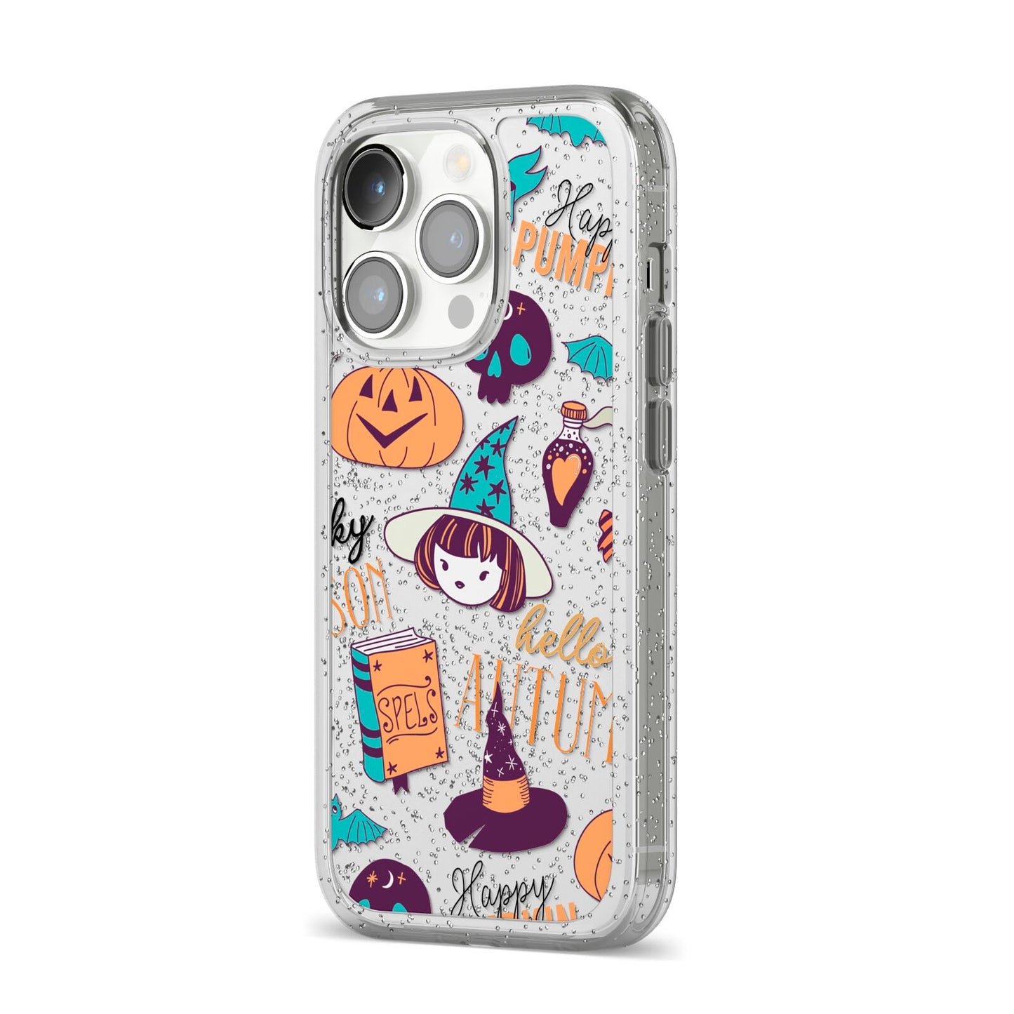 Orange and Blue Halloween Illustrations iPhone 14 Pro Glitter Tough Case Silver Angled Image