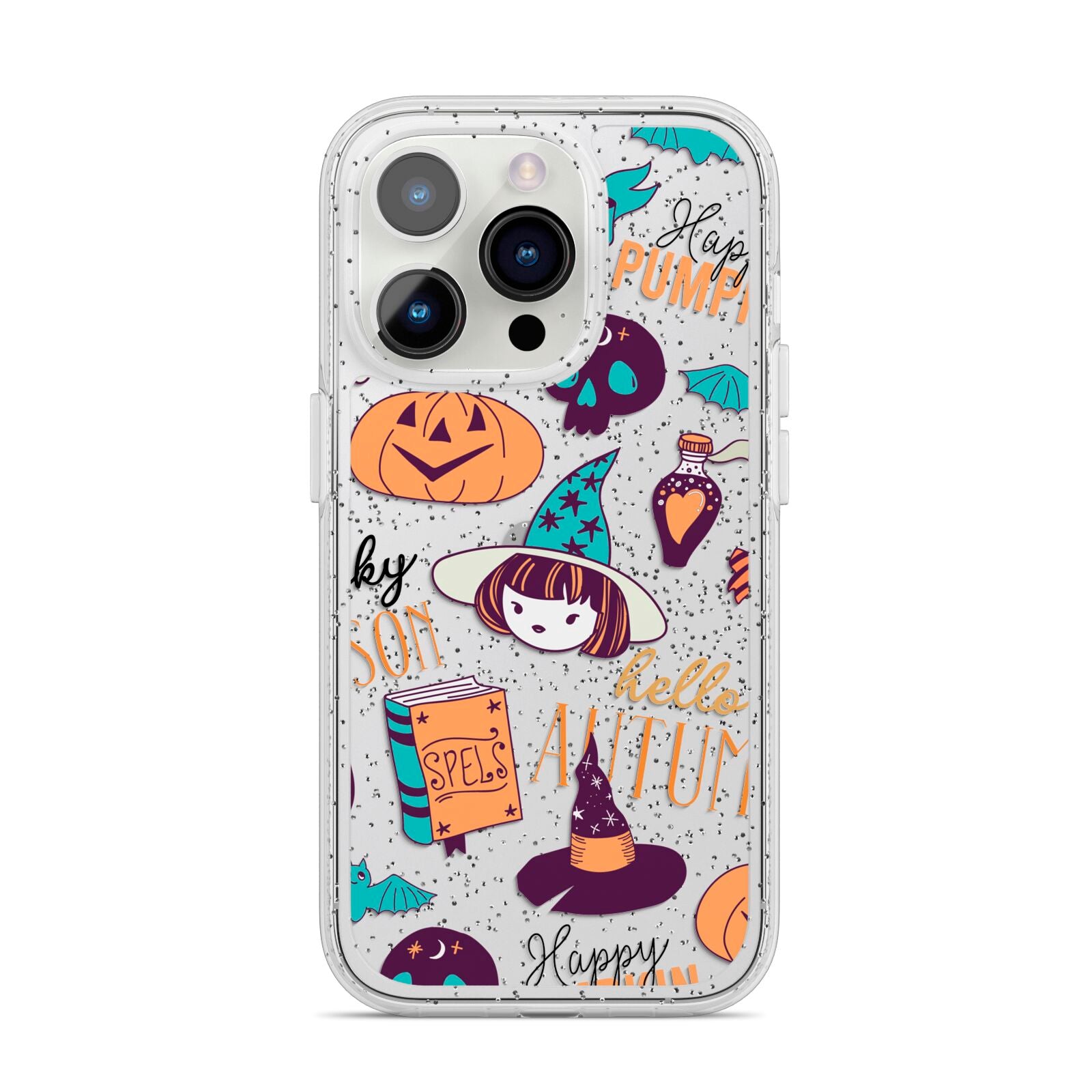 Orange and Blue Halloween Illustrations iPhone 14 Pro Glitter Tough Case Silver