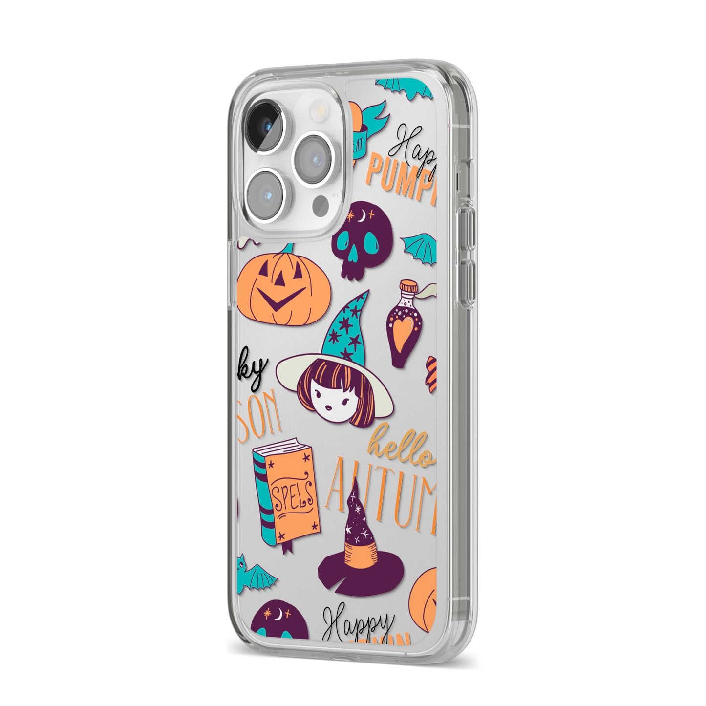 Orange and Blue Halloween Illustrations iPhone 14 Pro Max Clear Tough Case Silver Angled Image