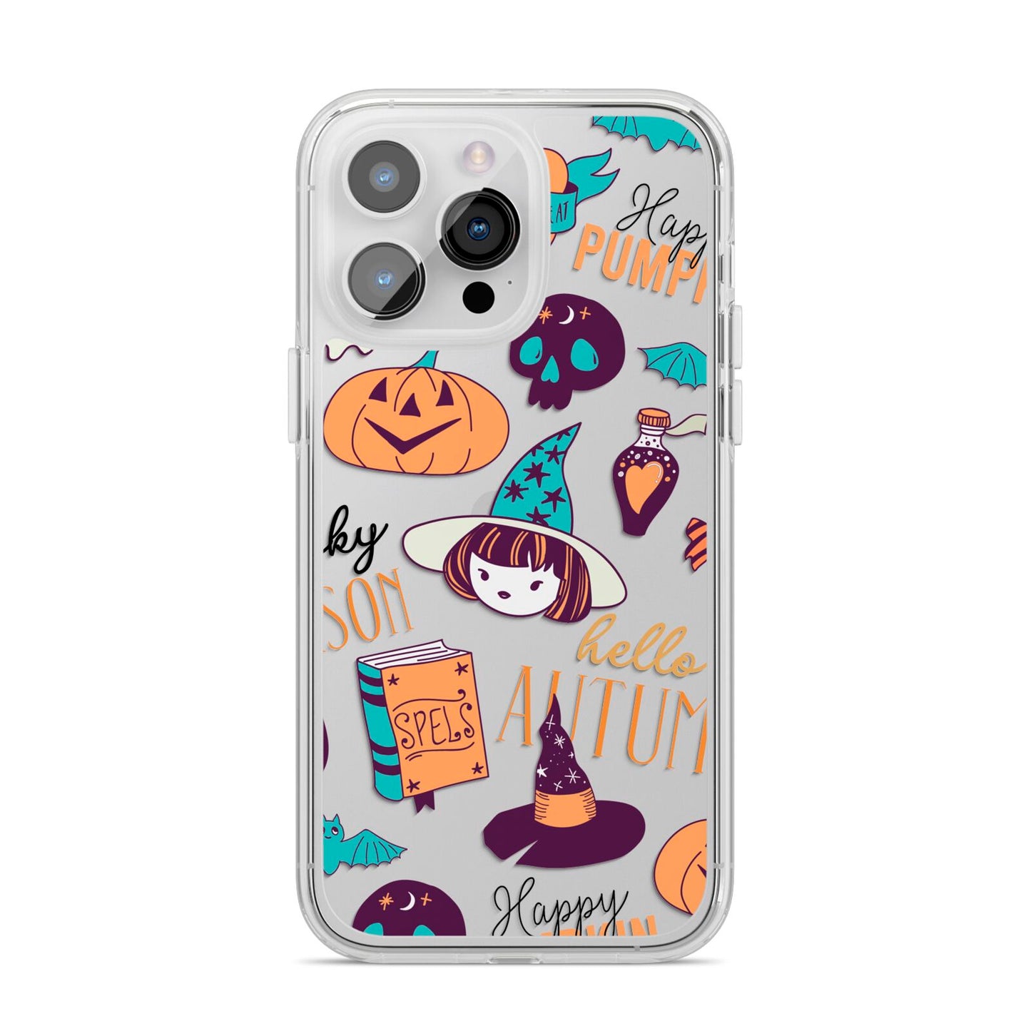 Orange and Blue Halloween Illustrations iPhone 14 Pro Max Clear Tough Case Silver