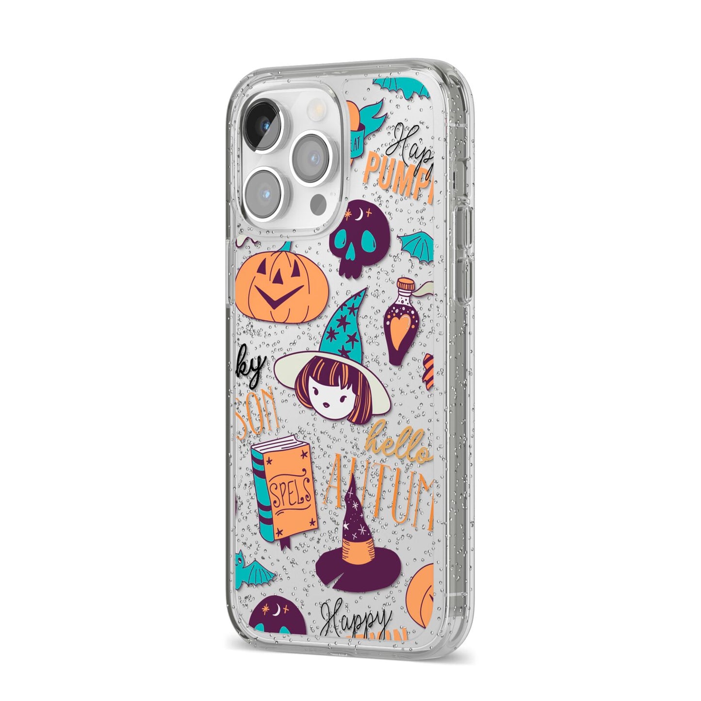 Orange and Blue Halloween Illustrations iPhone 14 Pro Max Glitter Tough Case Silver Angled Image