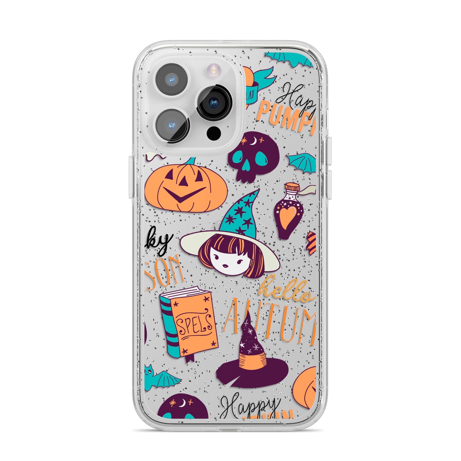 Orange and Blue Halloween Illustrations iPhone 14 Pro Max Glitter Tough Case Silver