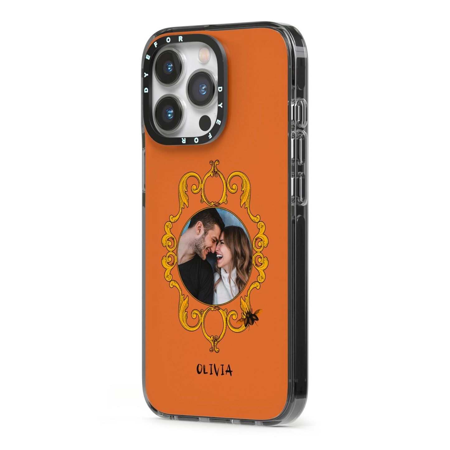 Ornate Halloween Custom Photo iPhone 13 Pro Black Impact Case Side Angle on Silver phone