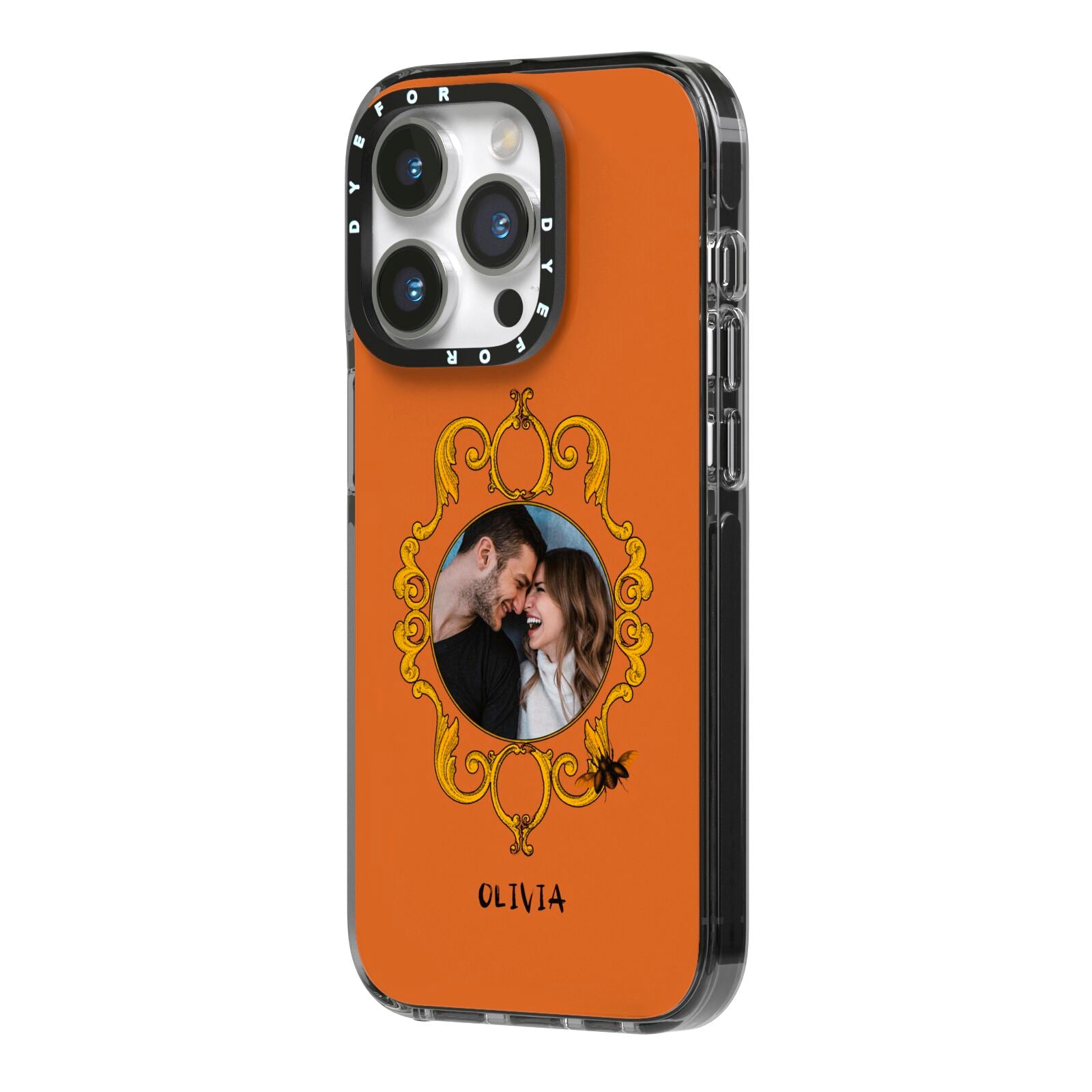 Ornate Halloween Custom Photo iPhone 14 Pro Black Impact Case Side Angle on Silver phone