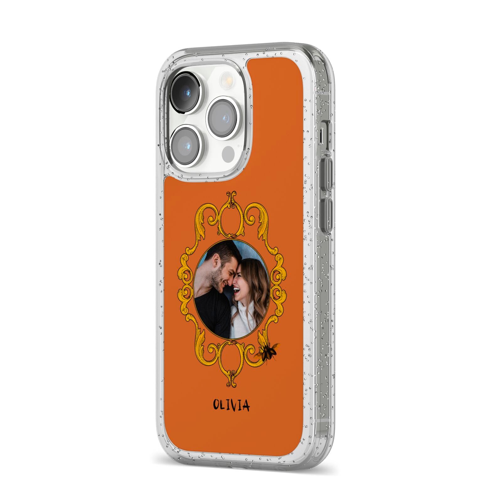 Ornate Halloween Custom Photo iPhone 14 Pro Glitter Tough Case Silver Angled Image