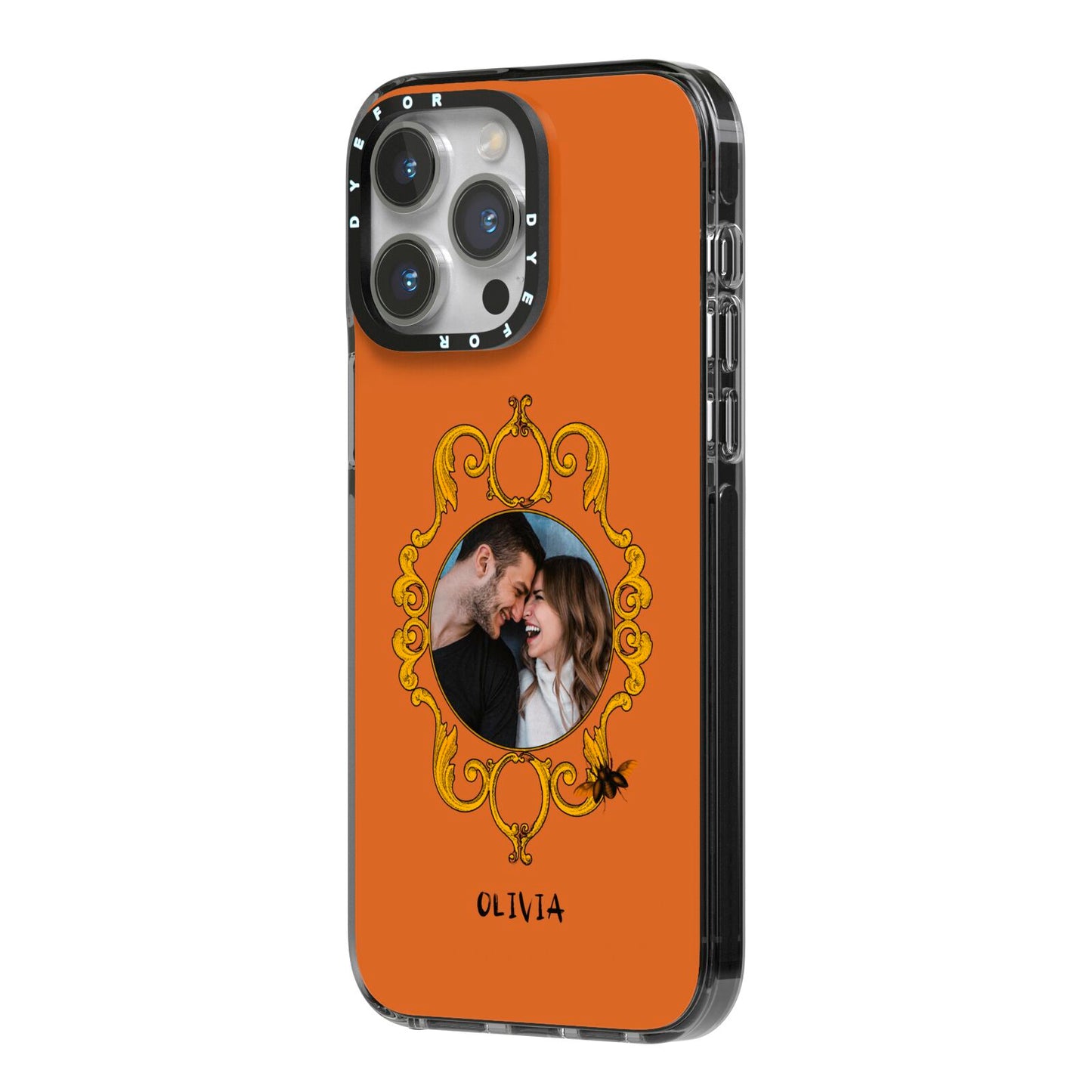 Ornate Halloween Custom Photo iPhone 14 Pro Max Black Impact Case Side Angle on Silver phone