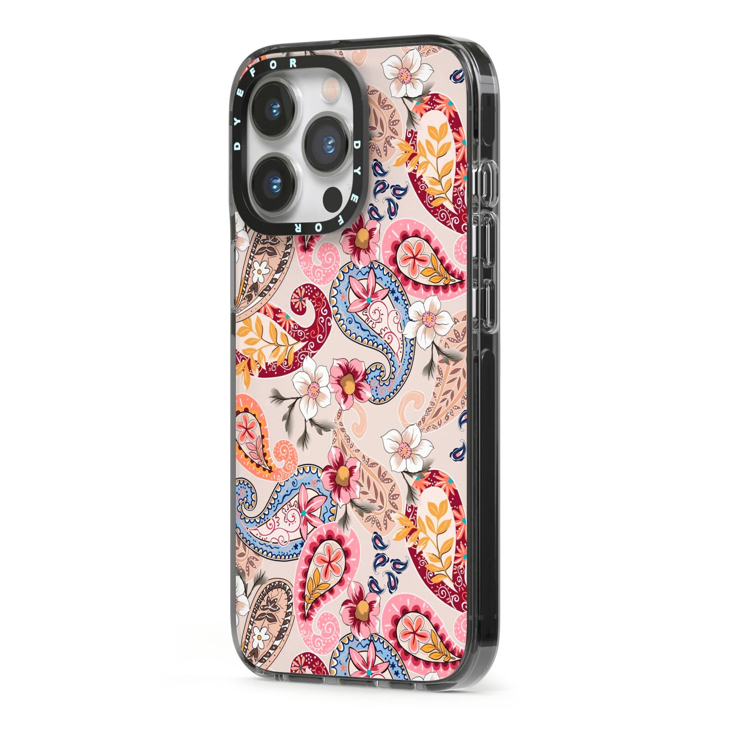 Paisley Cashmere Flowers iPhone 13 Pro Black Impact Case Side Angle on Silver phone