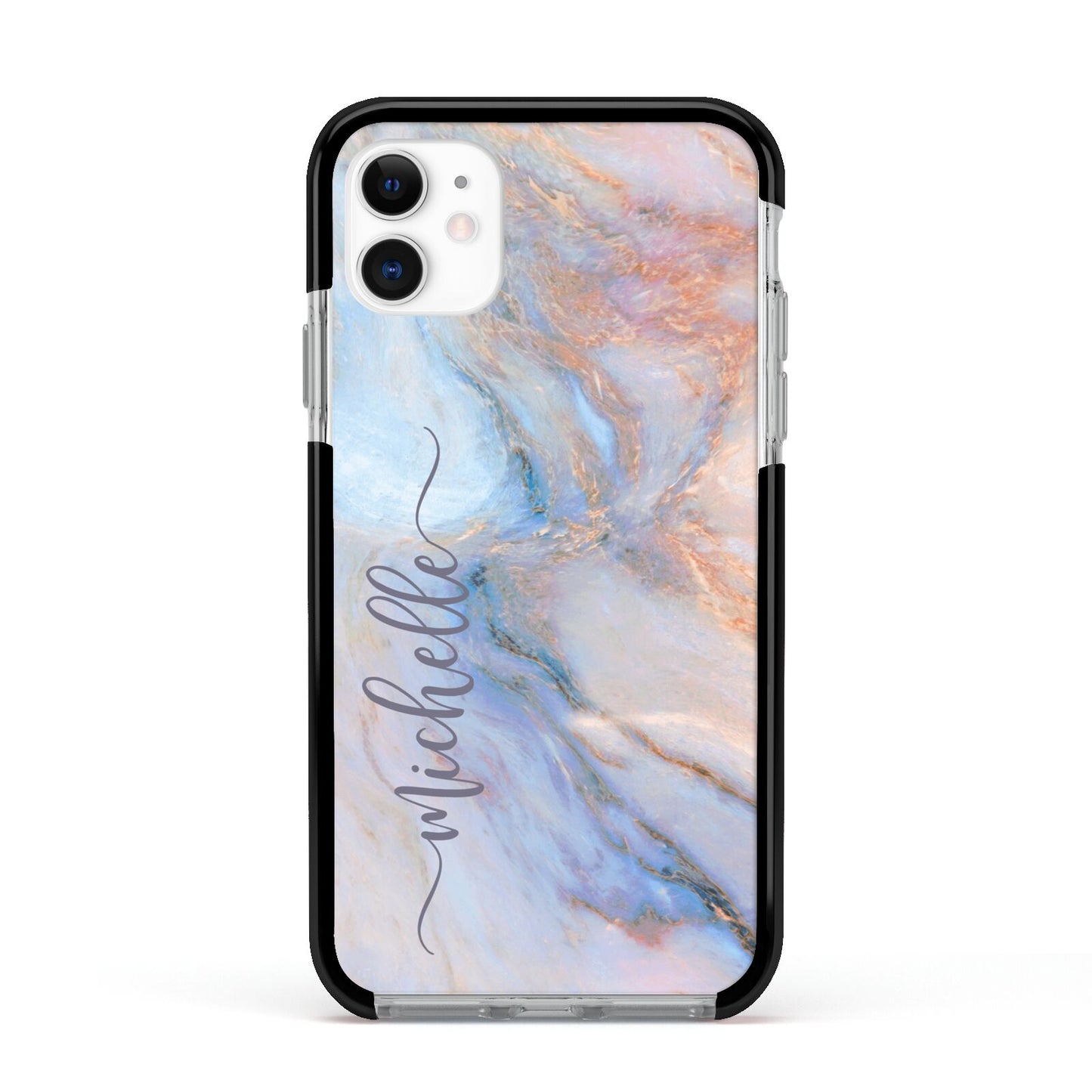 Pale Blue And Pink Marble Apple iPhone 11 in White with Black Impact Case