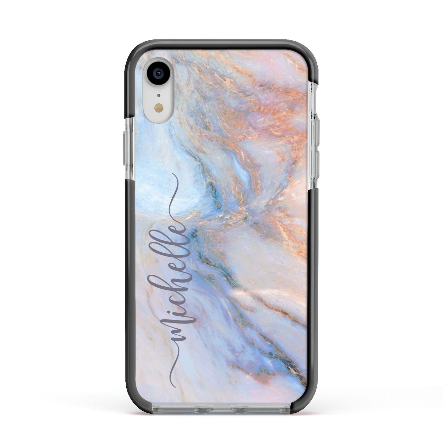 Pale Blue And Pink Marble Apple iPhone XR Impact Case Black Edge on Silver Phone