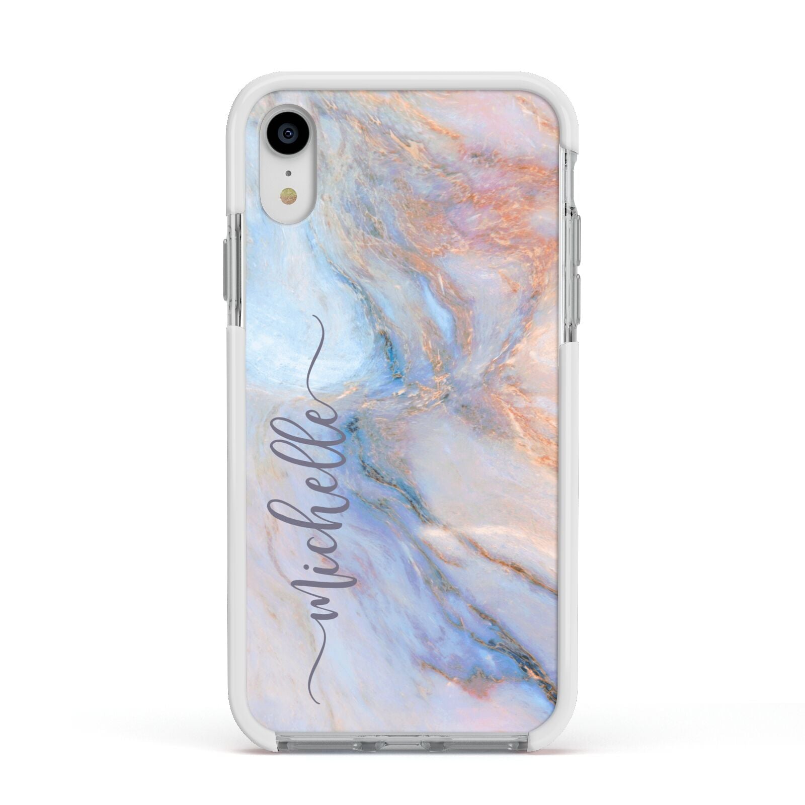 Pale Blue And Pink Marble Apple iPhone XR Impact Case White Edge on Silver Phone