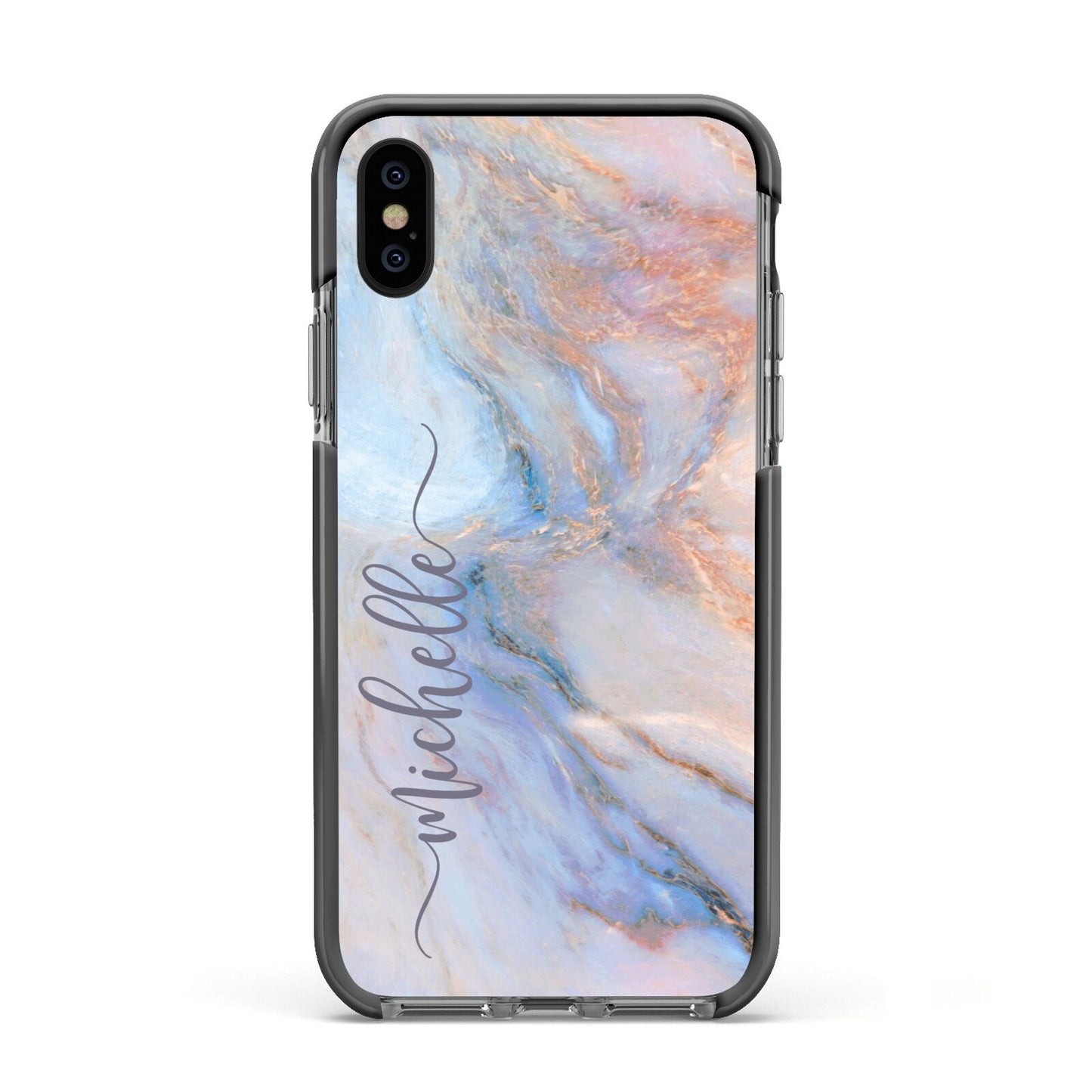 Pale Blue And Pink Marble Apple iPhone Xs Impact Case Black Edge on Black Phone