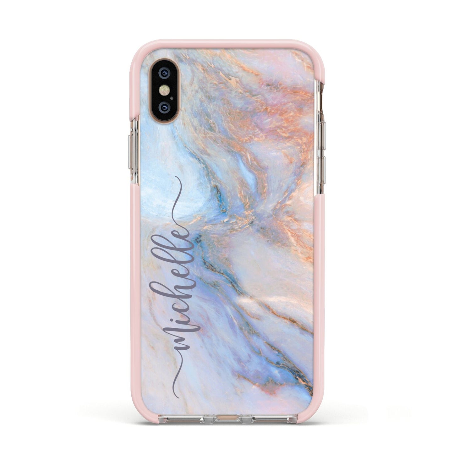 Pale Blue And Pink Marble Apple iPhone Xs Impact Case Pink Edge on Gold Phone