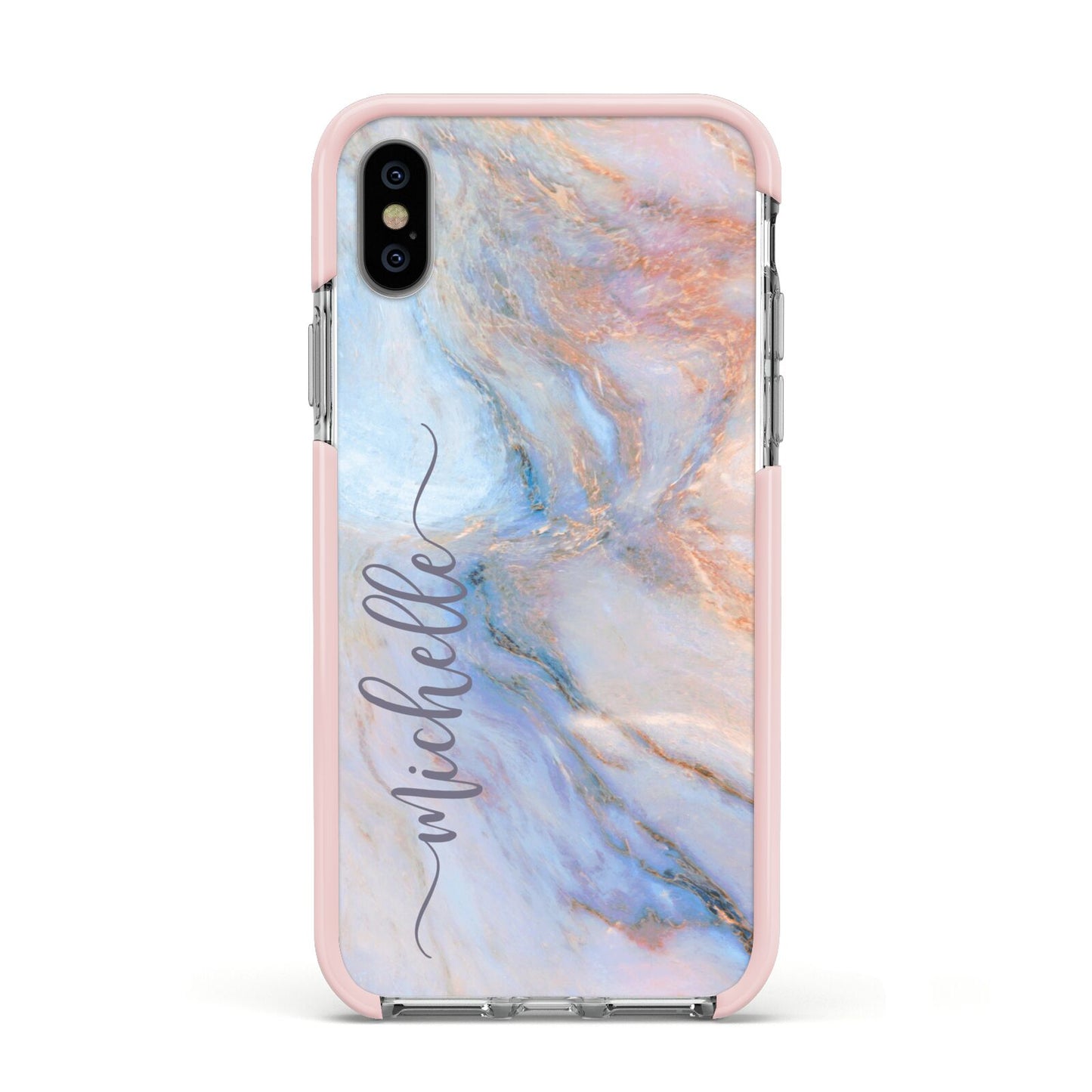 Pale Blue And Pink Marble Apple iPhone Xs Impact Case Pink Edge on Silver Phone