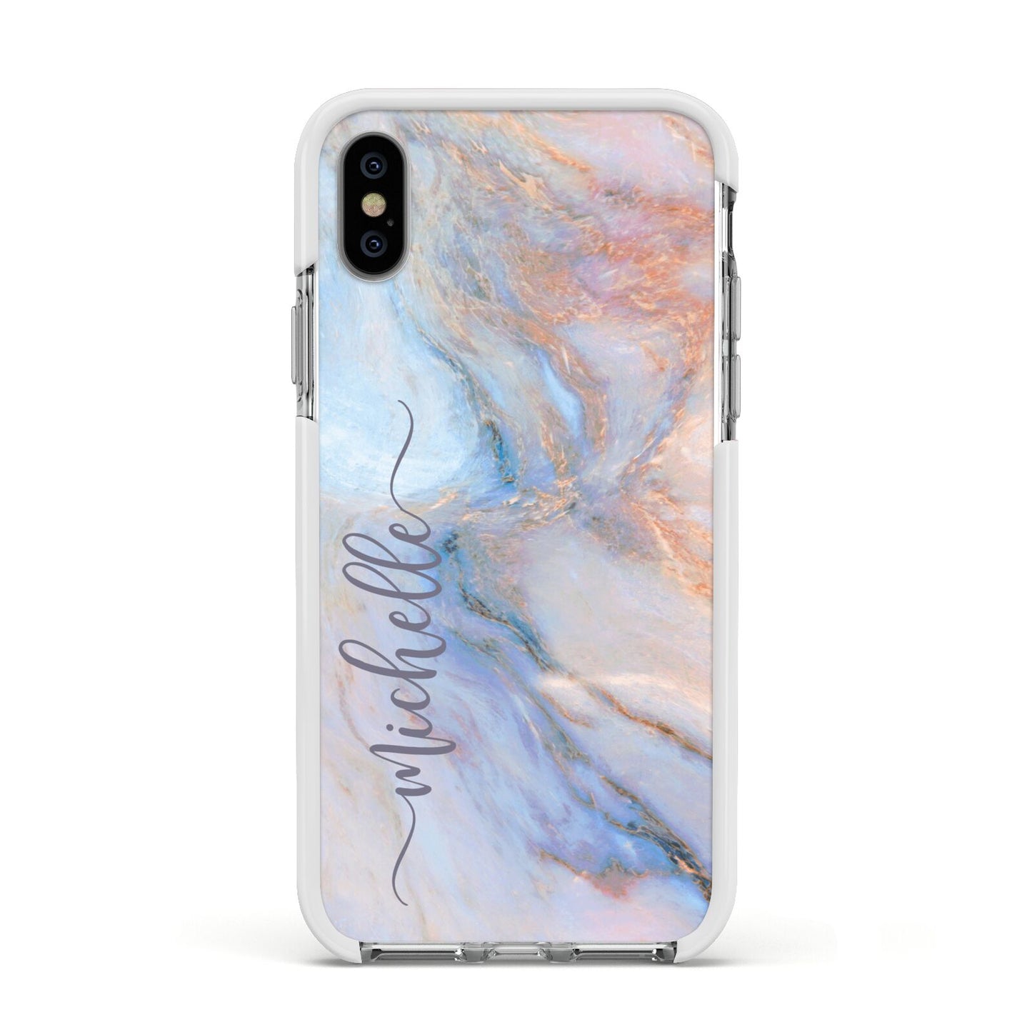 Pale Blue And Pink Marble Apple iPhone Xs Impact Case White Edge on Silver Phone