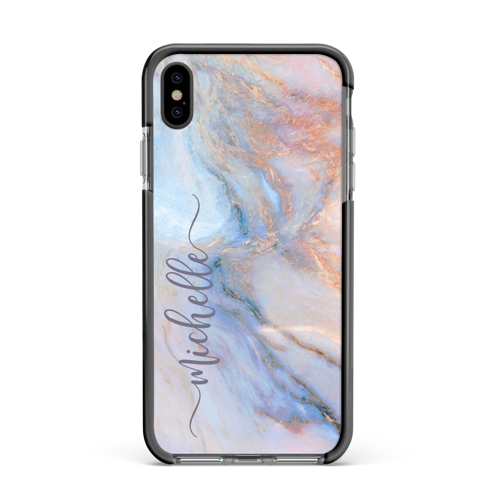 Pale Blue And Pink Marble Apple iPhone Xs Max Impact Case Black Edge on Black Phone