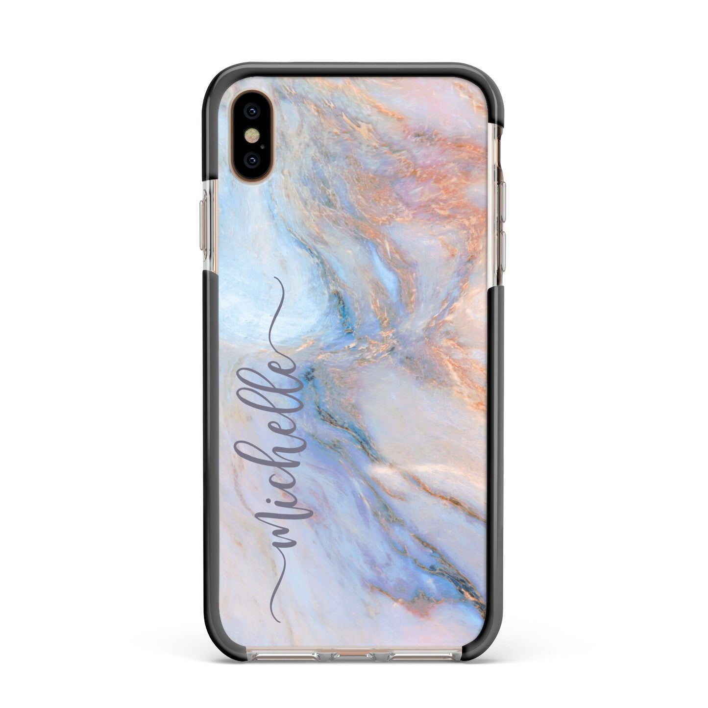 Pale Blue And Pink Marble Apple iPhone Xs Max Impact Case Black Edge on Gold Phone