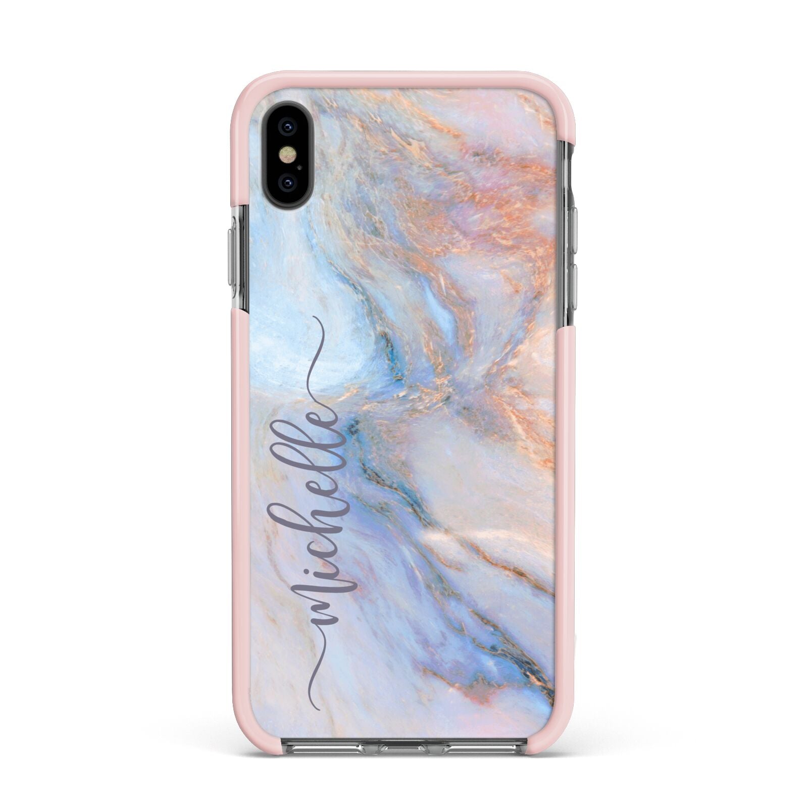 Pale Blue And Pink Marble Apple iPhone Xs Max Impact Case Pink Edge on Black Phone