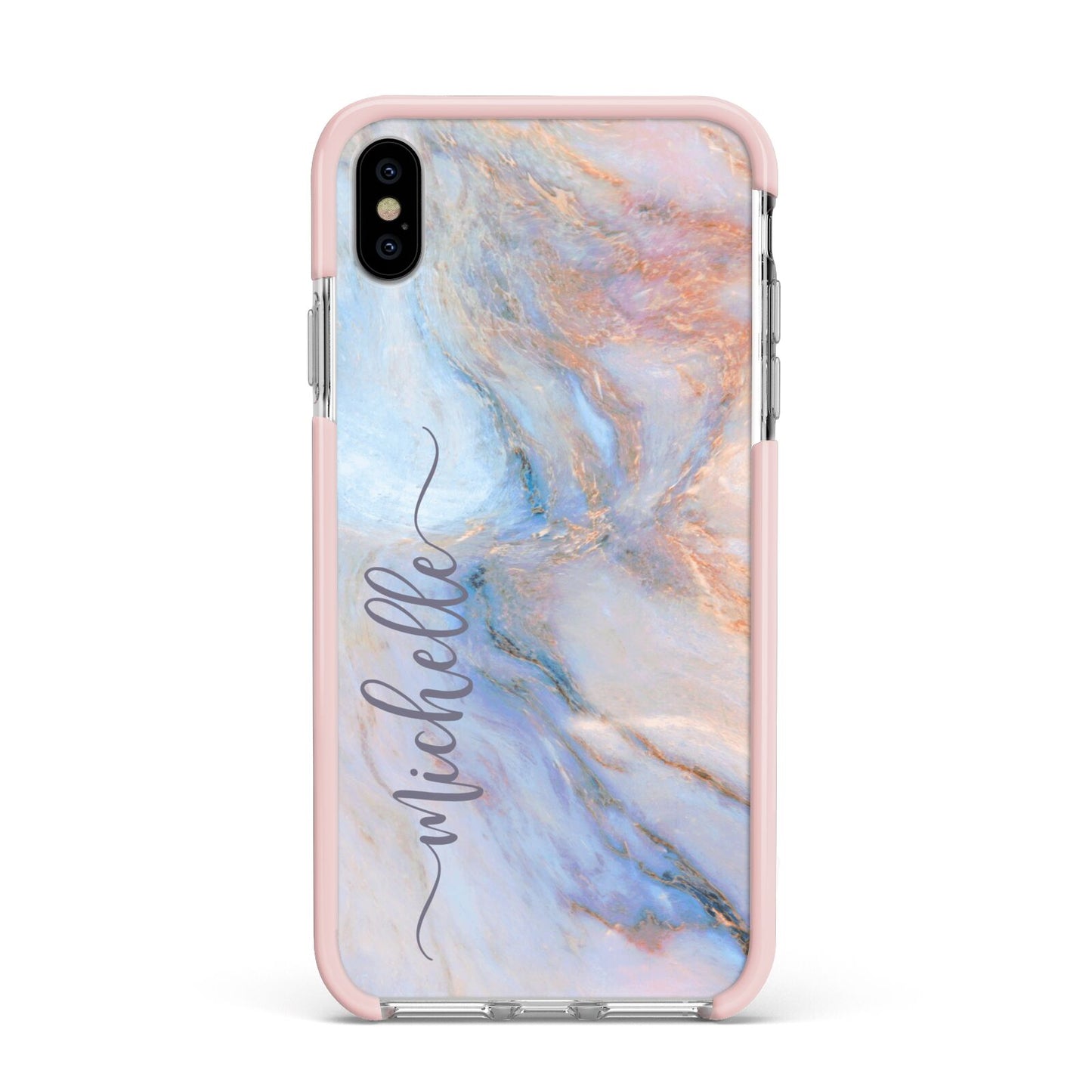 Pale Blue And Pink Marble Apple iPhone Xs Max Impact Case Pink Edge on Silver Phone