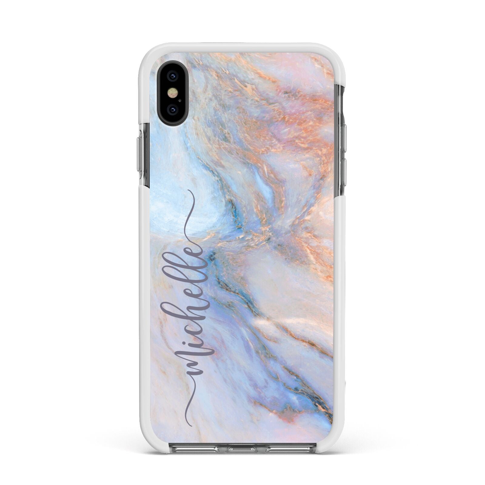 Pale Blue And Pink Marble Apple iPhone Xs Max Impact Case White Edge on Black Phone