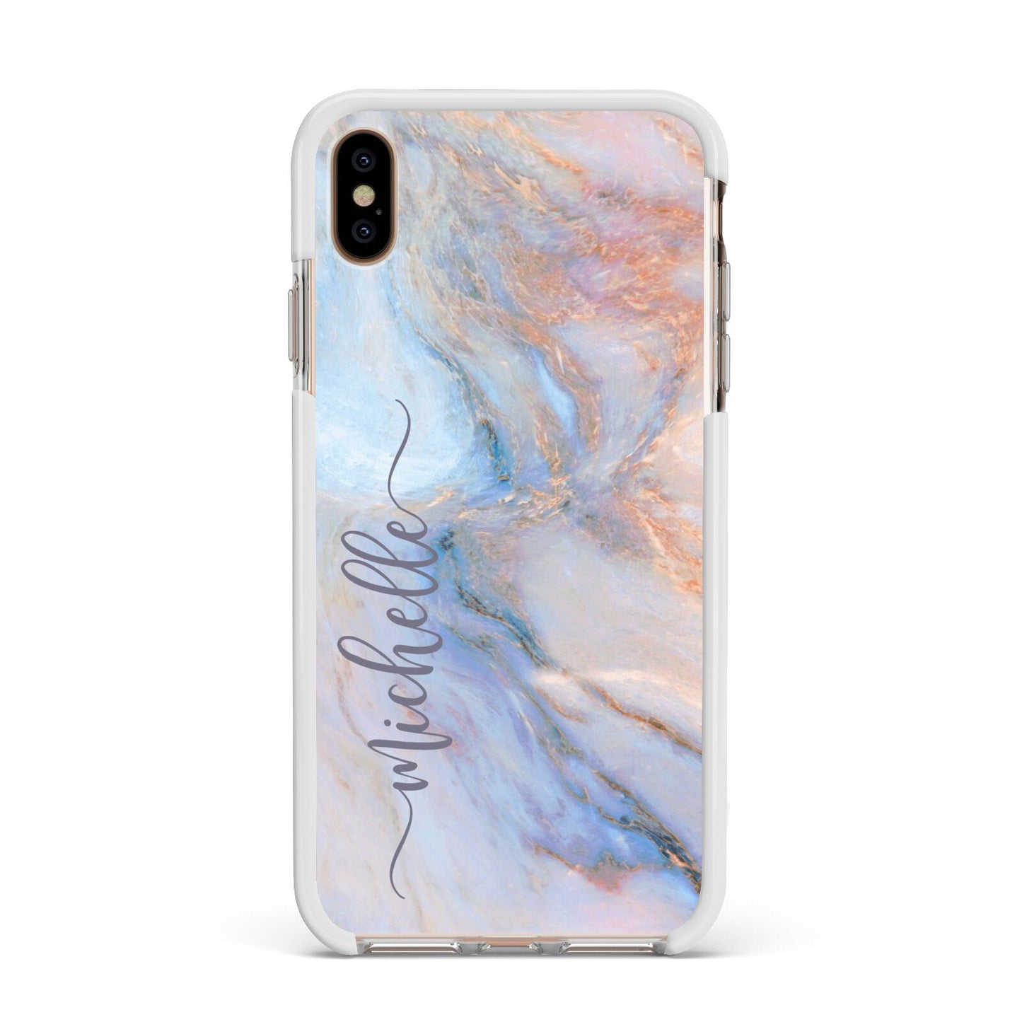 Pale Blue And Pink Marble Apple iPhone Xs Max Impact Case White Edge on Gold Phone