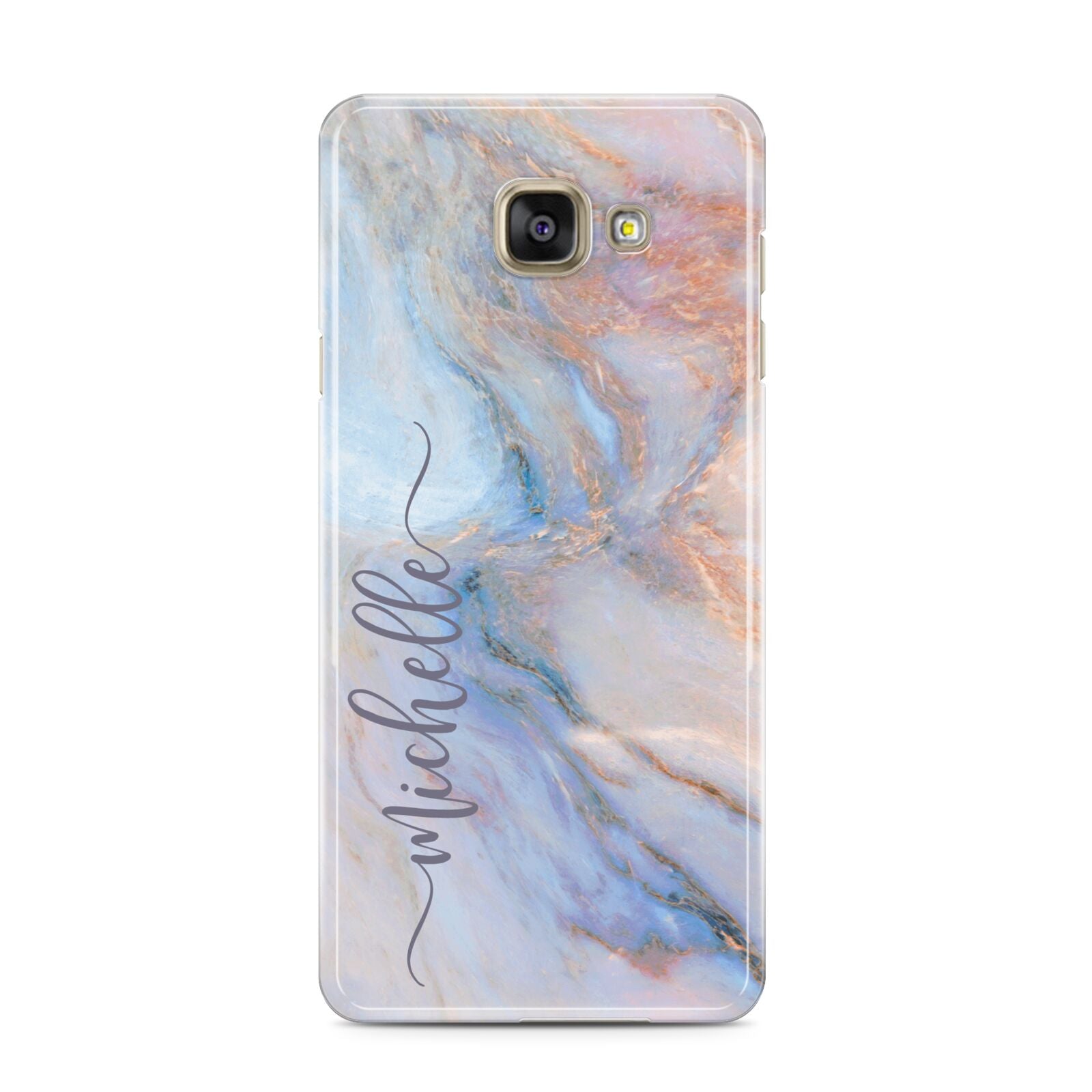 Pale Blue And Pink Marble Samsung Galaxy A3 2016 Case on gold phone