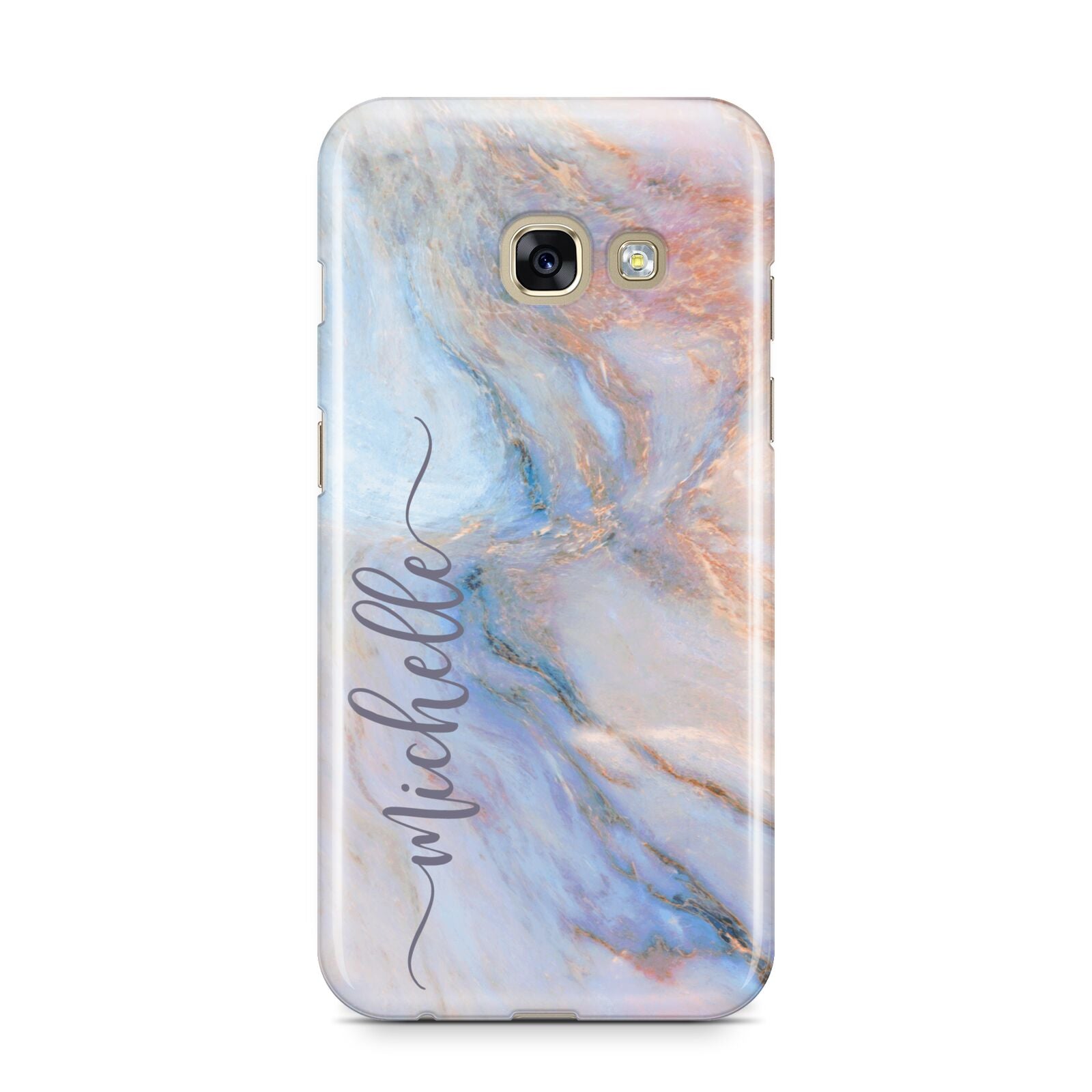 Pale Blue And Pink Marble Samsung Galaxy A3 2017 Case on gold phone