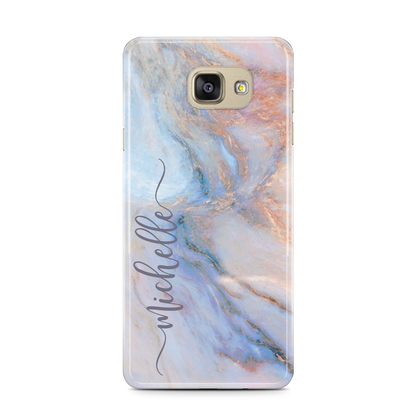 Pale Blue And Pink Marble Samsung Galaxy A7 2016 Case on gold phone