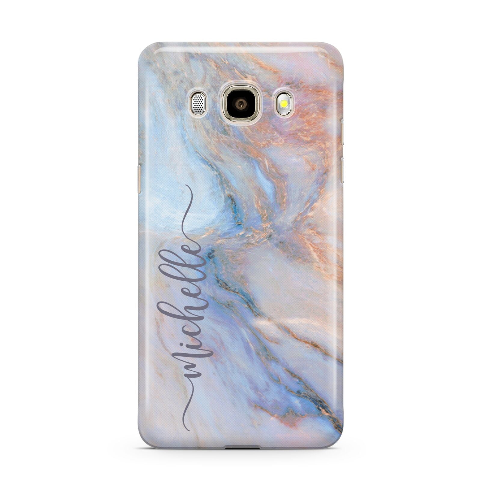 Pale Blue And Pink Marble Samsung Galaxy J7 2016 Case on gold phone