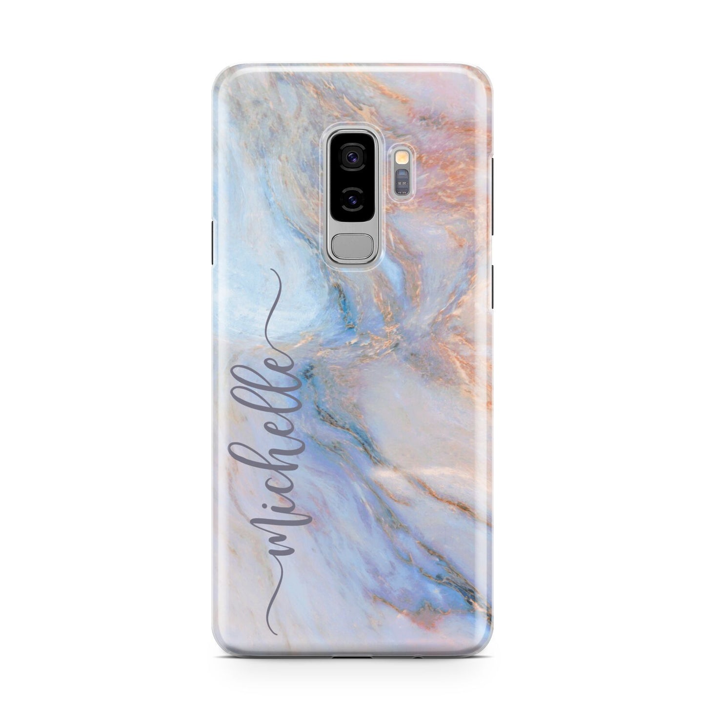 Pale Blue And Pink Marble Samsung Galaxy S9 Plus Case on Silver phone