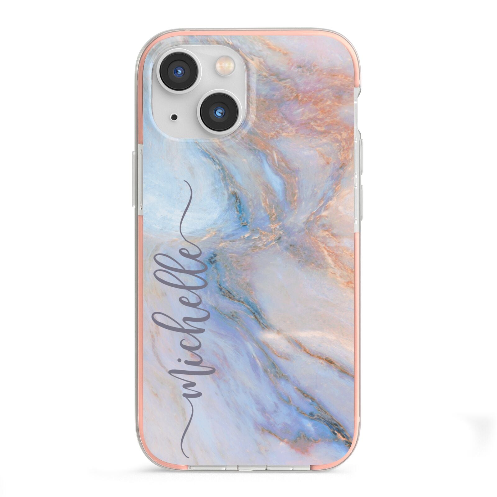 Pale Blue And Pink Marble iPhone 13 Mini TPU Impact Case with Pink Edges