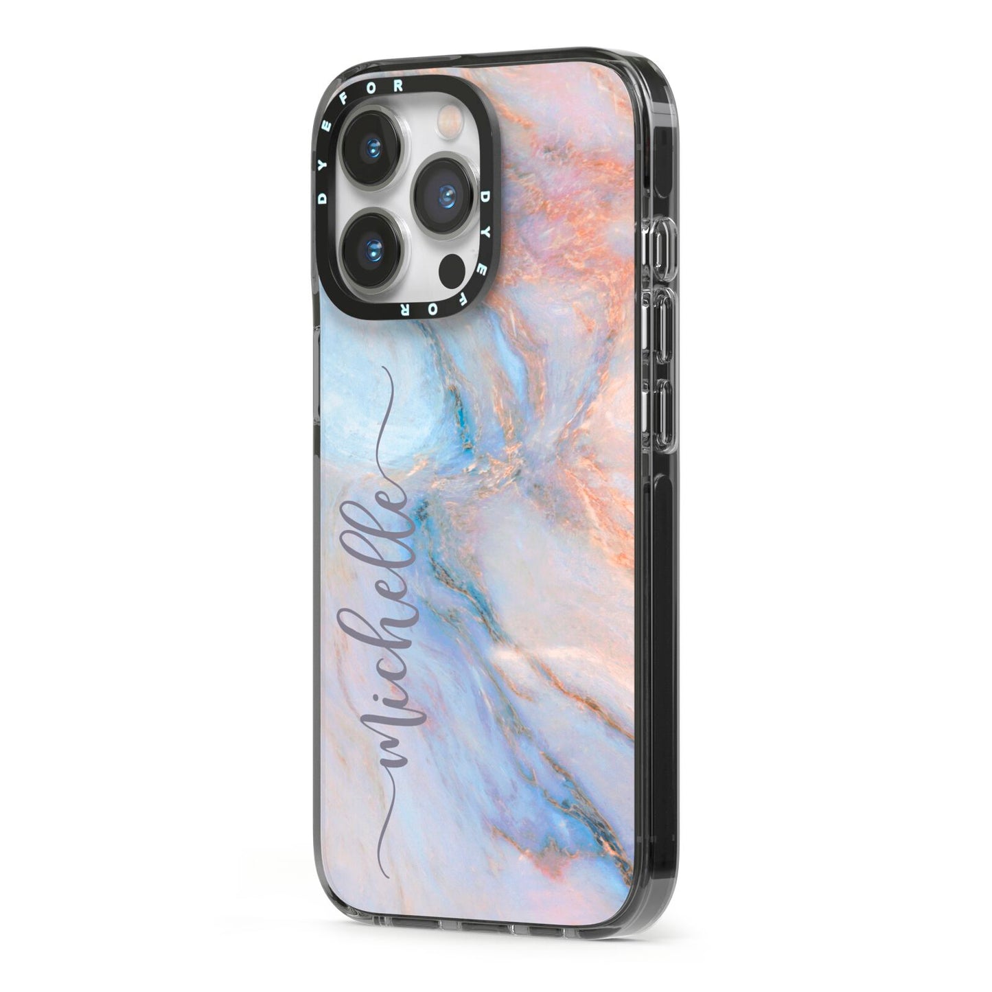 Pale Blue And Pink Marble iPhone 13 Pro Black Impact Case Side Angle on Silver phone